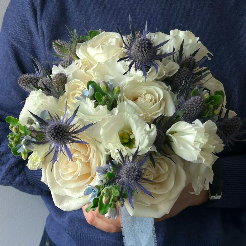 Wedding Bouquet “Frost” - roses, lisianthus, seasonal flowers