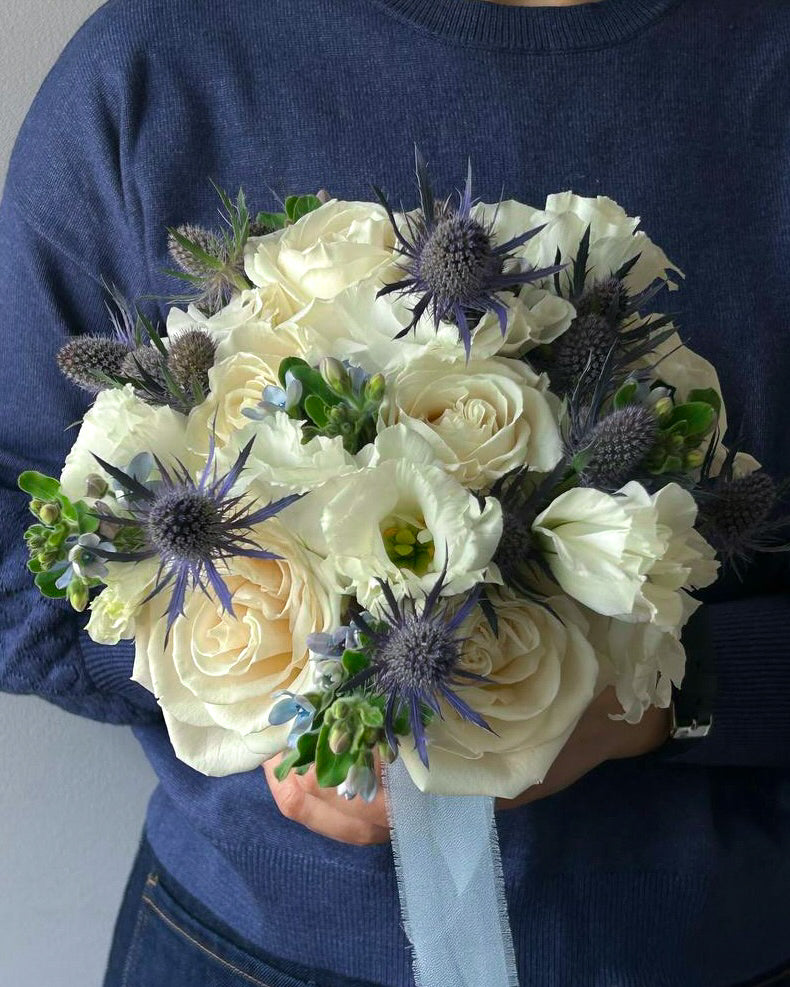 Wedding Bouquet “Frost” - roses, lisianthus, seasonal flowers