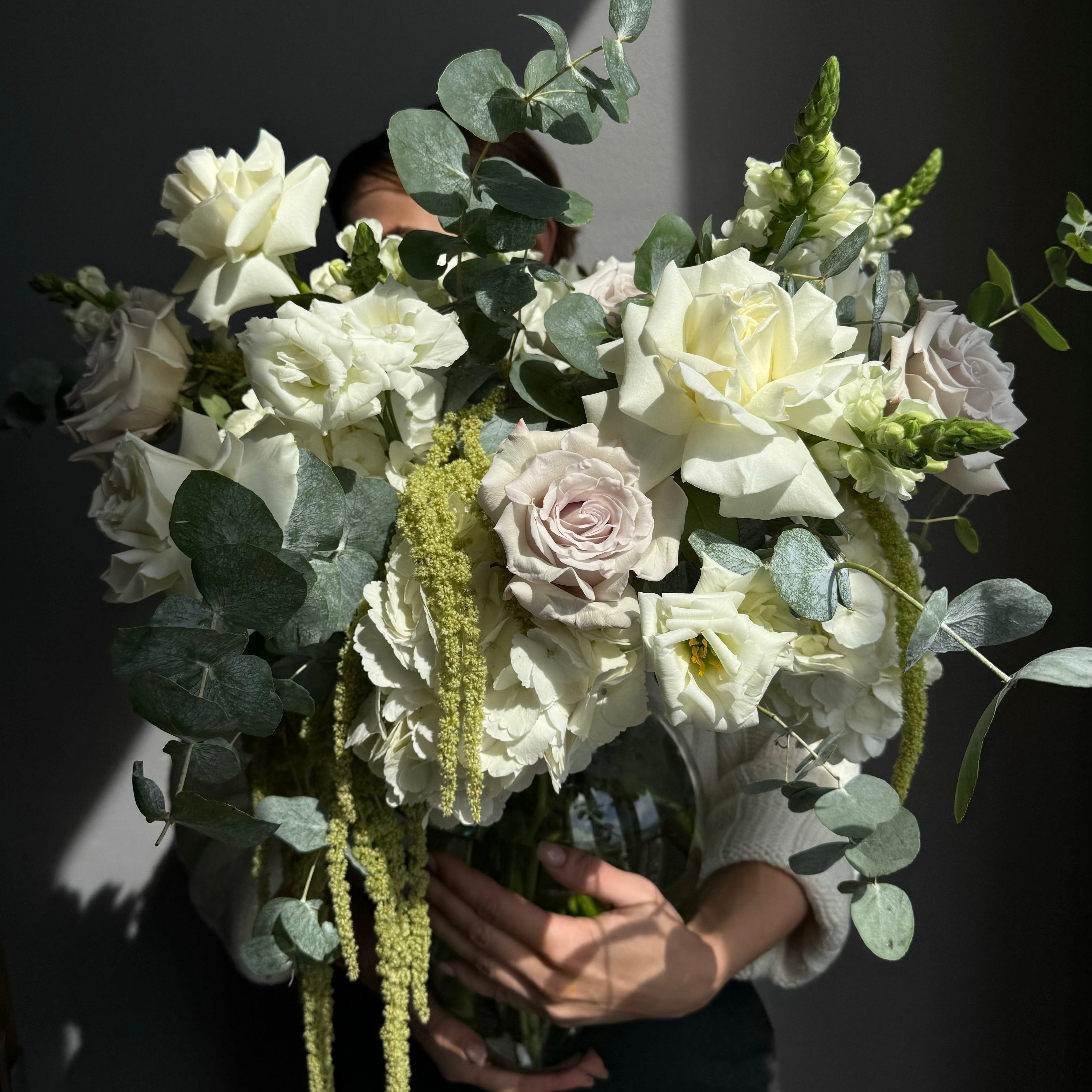 vase-arrangement-cloud-nine-white-roses-hydrangeas-eucalyptus-all-me-flowers-nyc