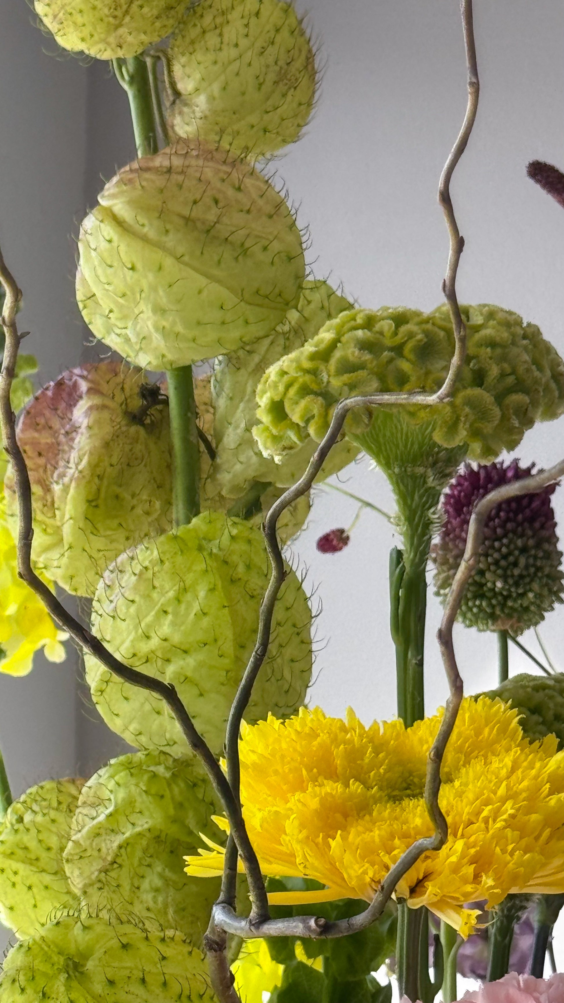 festival-colorful-flower-vase-arrangement-orange-yellow-green-blue-flowers-textural-design-palette-bouquets-NYC-florist