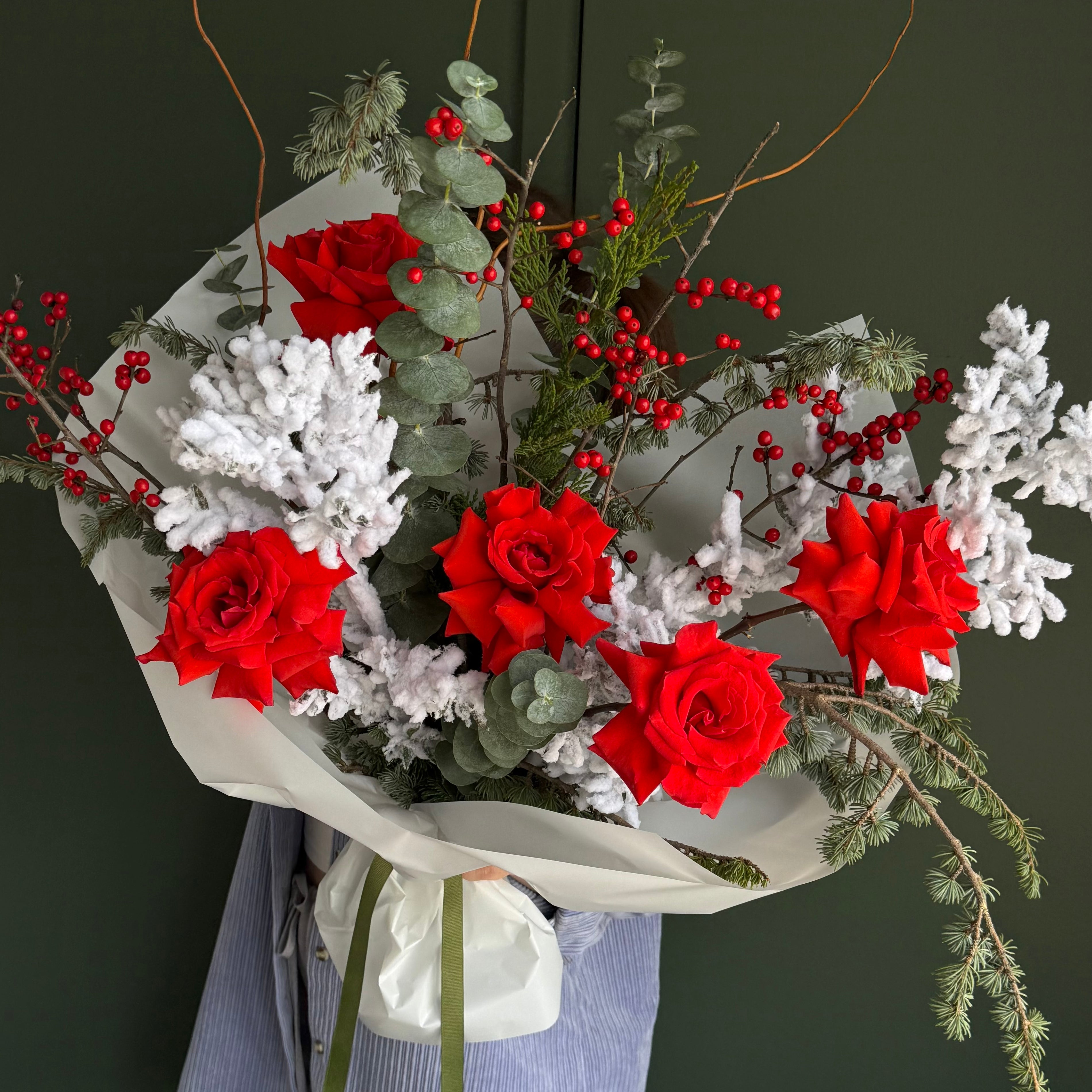 Bouquet “Frosted Noël” - roses, frosted greenery, seasonal flowers