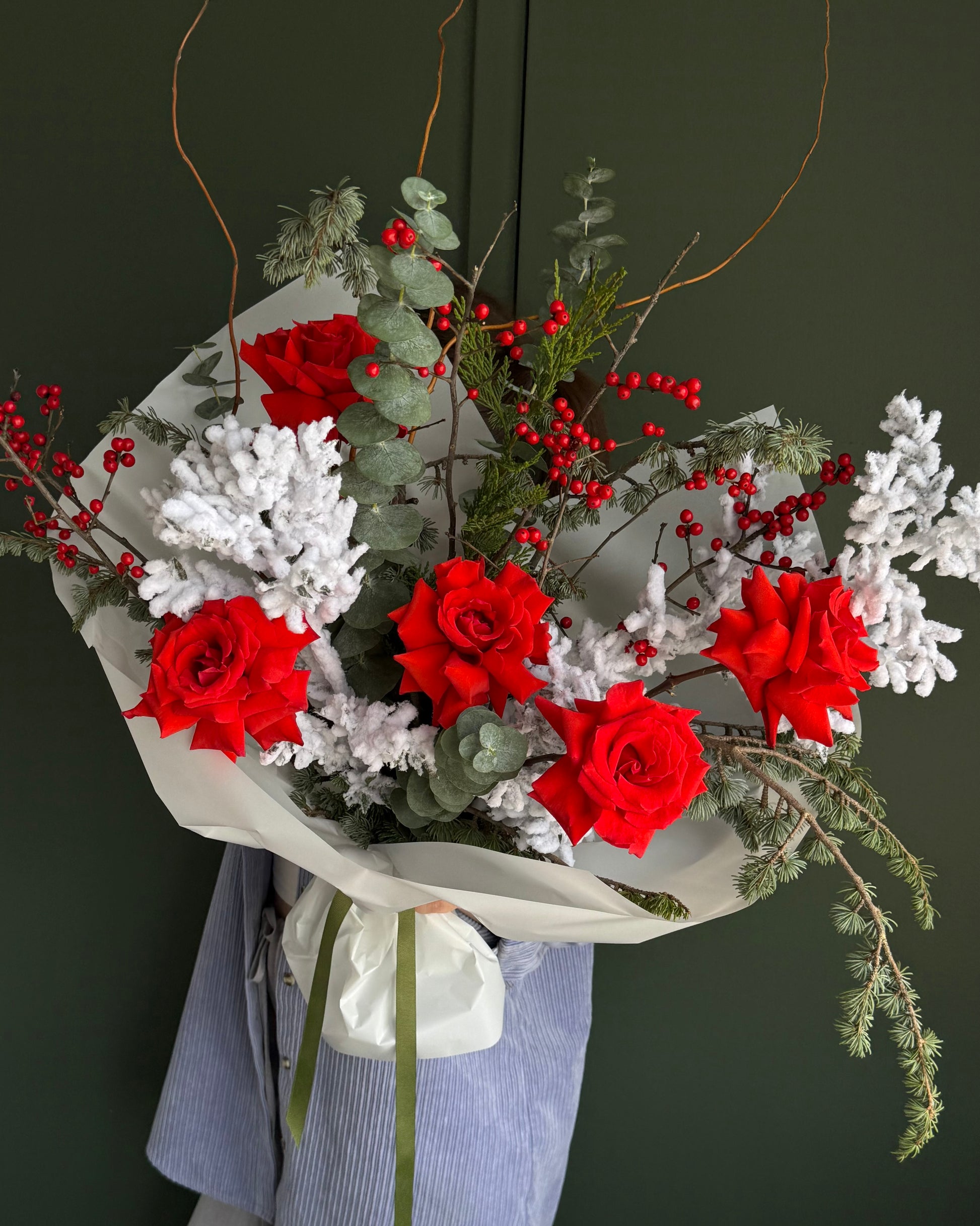 Bouquet “Frosted Noël” - roses, frosted greenery, seasonal flowers