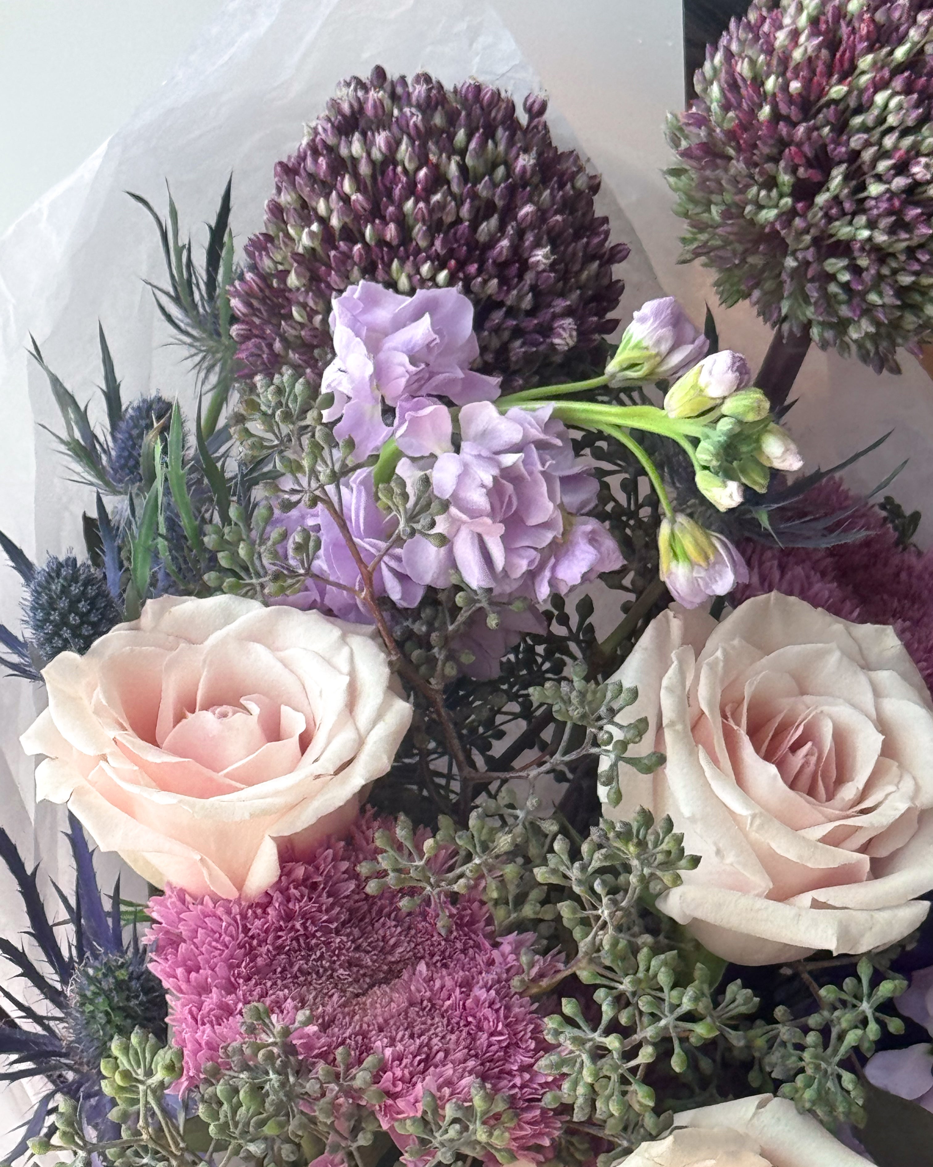 Bouquet “Amethyst” - roses, mums, seasonal flowers