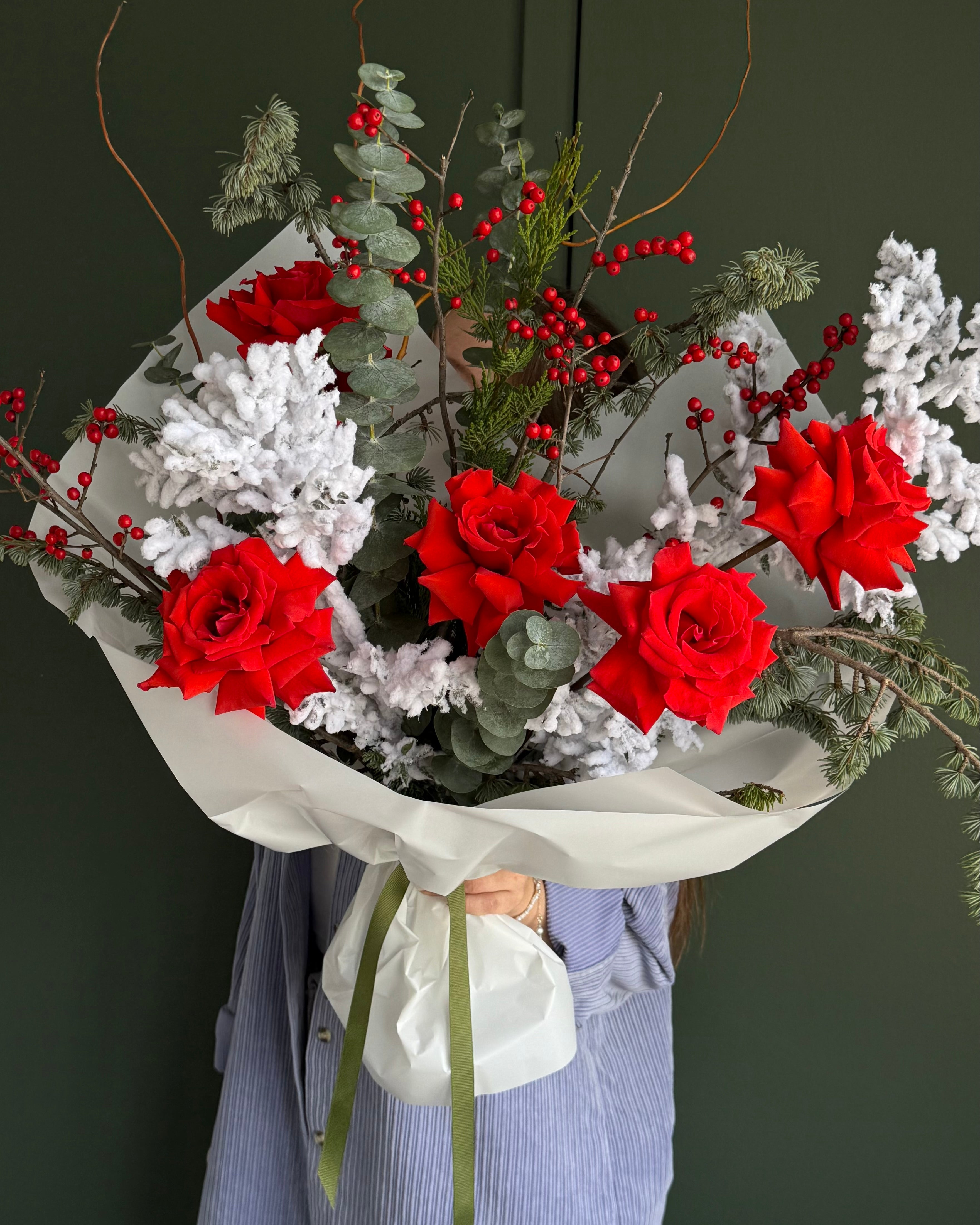 Bouquet “Frosted Noël” - roses, frosted greenery, seasonal flowers