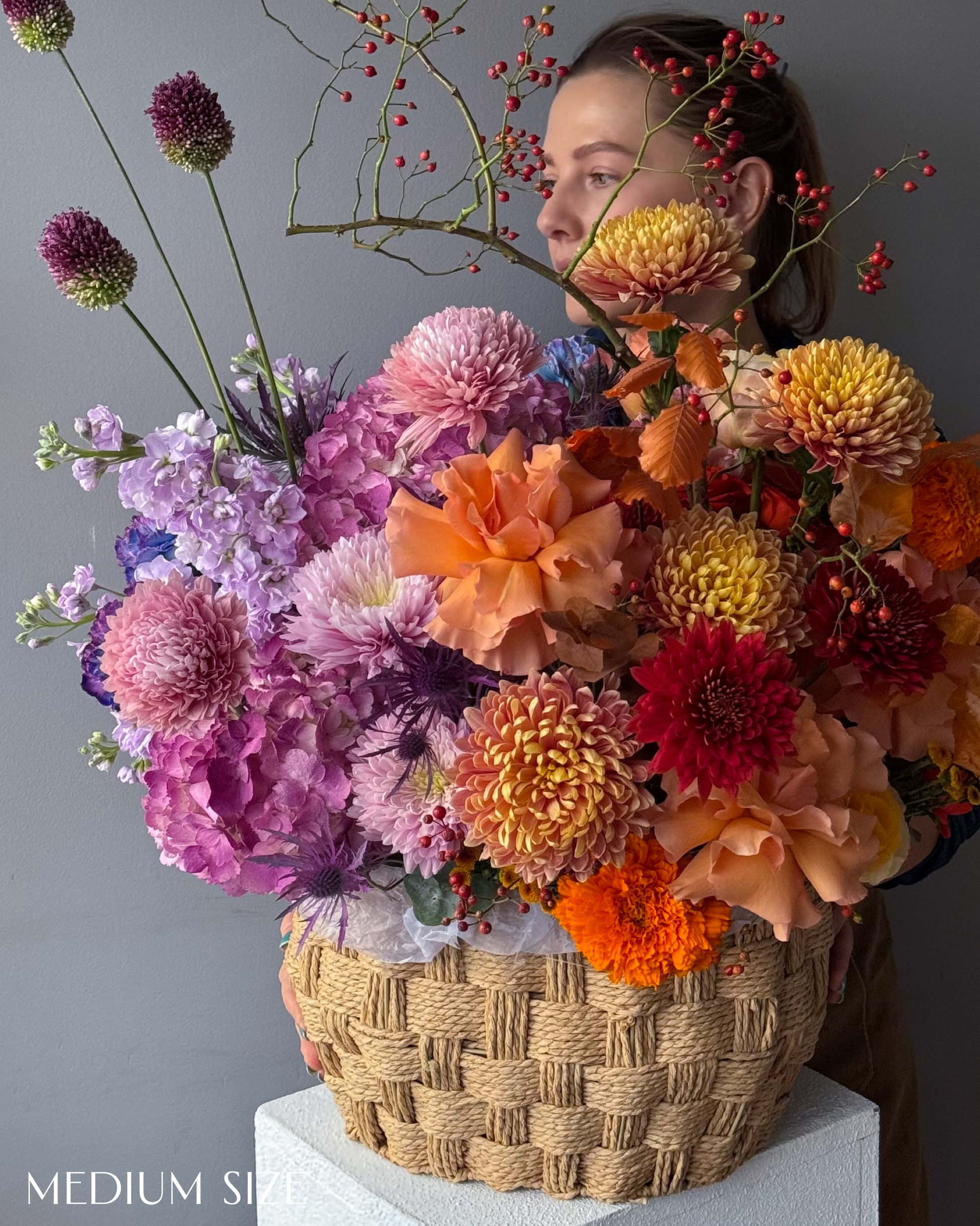 Basket “Amber” - hydrangeas, roses, seasonal flowers