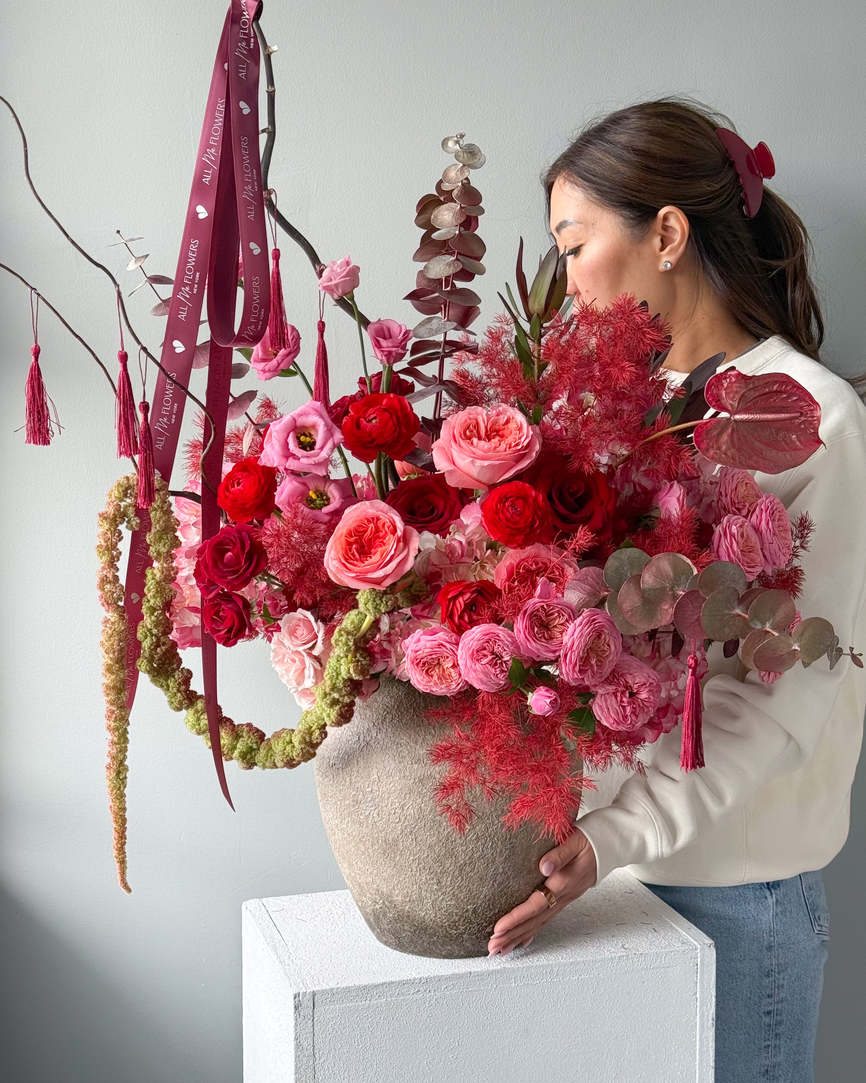 Vase Arrangement "Red Velvet" - roses, seasonal flowers, vase included