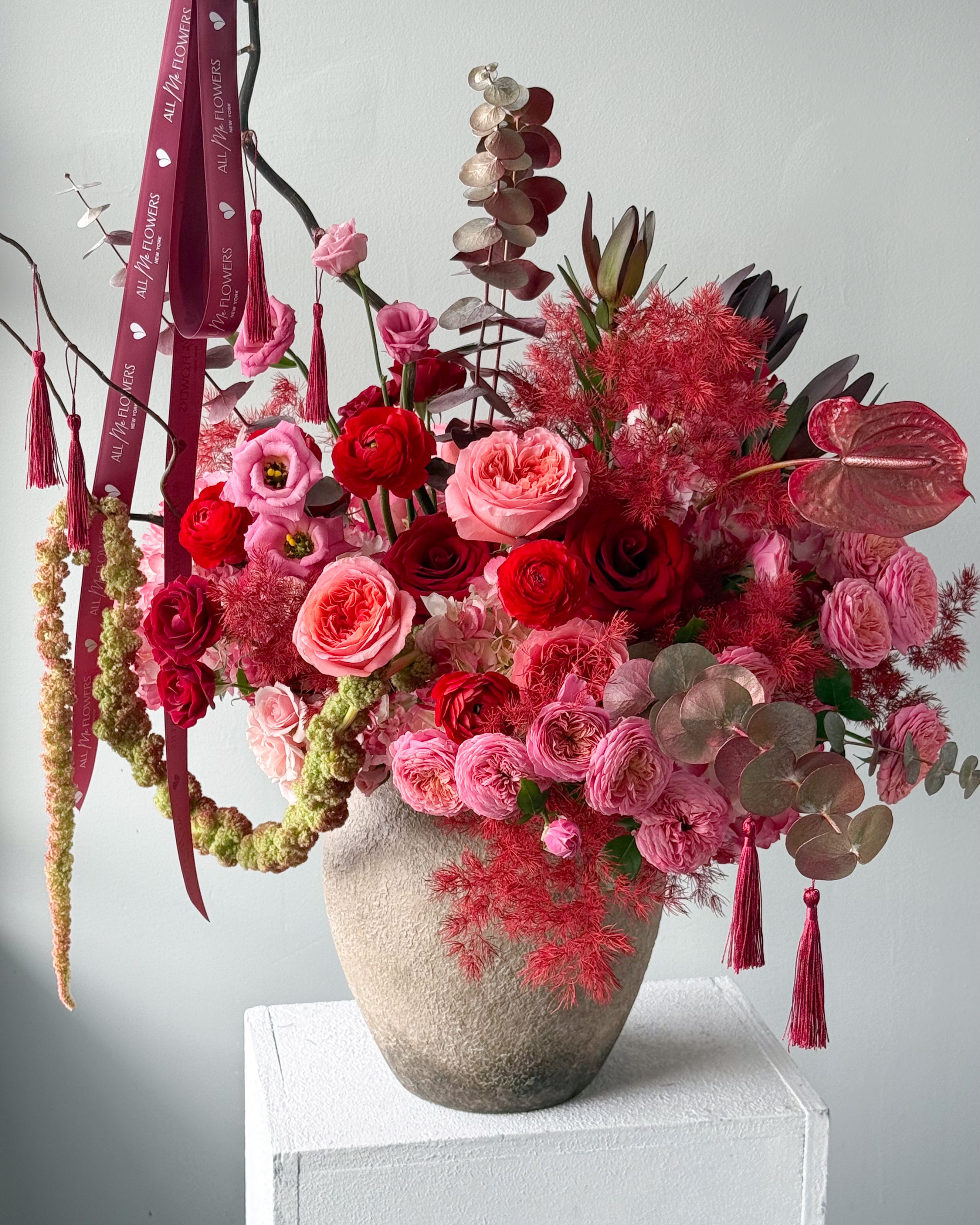 Vase Arrangement "Red Velvet" - roses, seasonal flowers, vase included