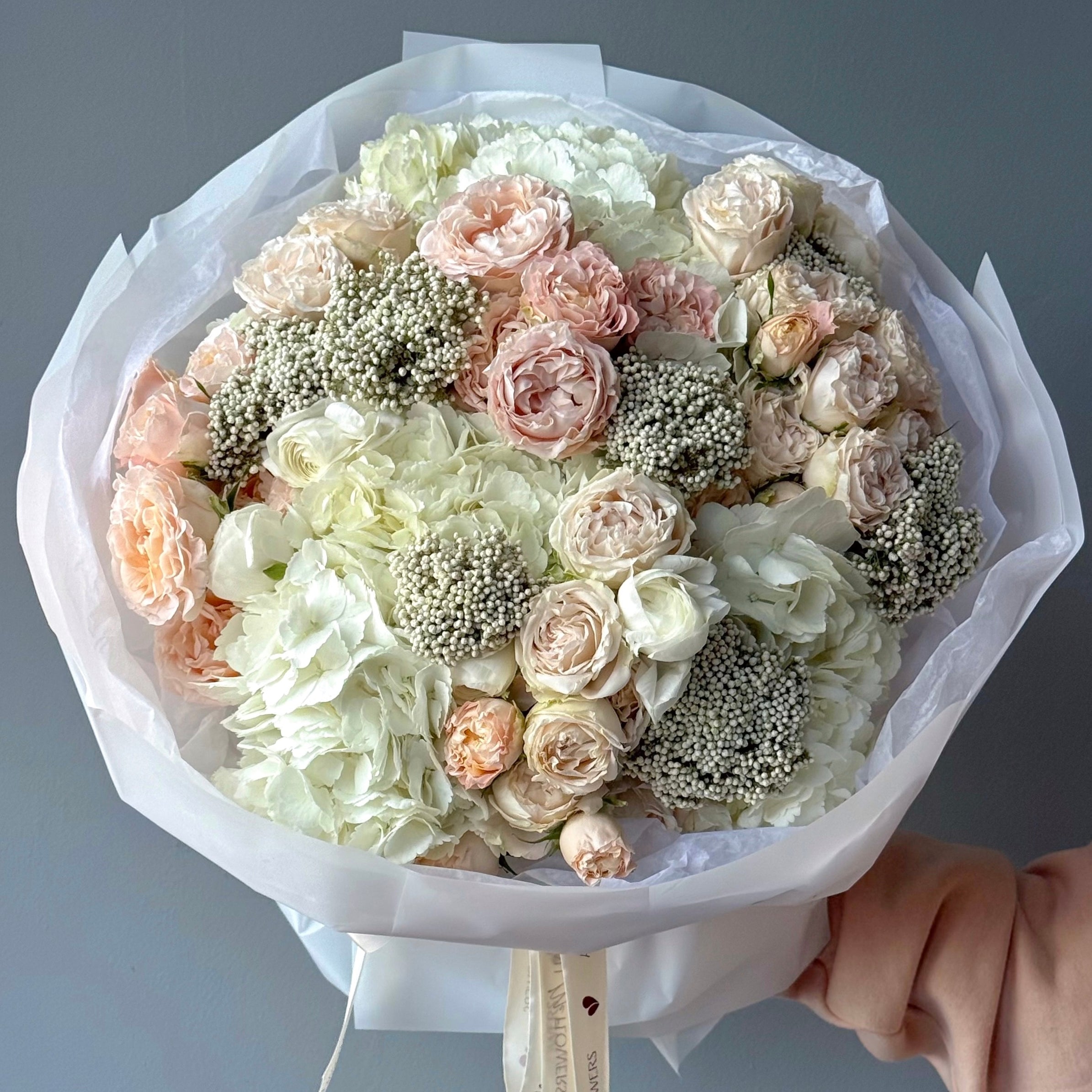 Bouquet “Ivory Petals” - garden roses, spray roses, hydrangeas, ranunculuses