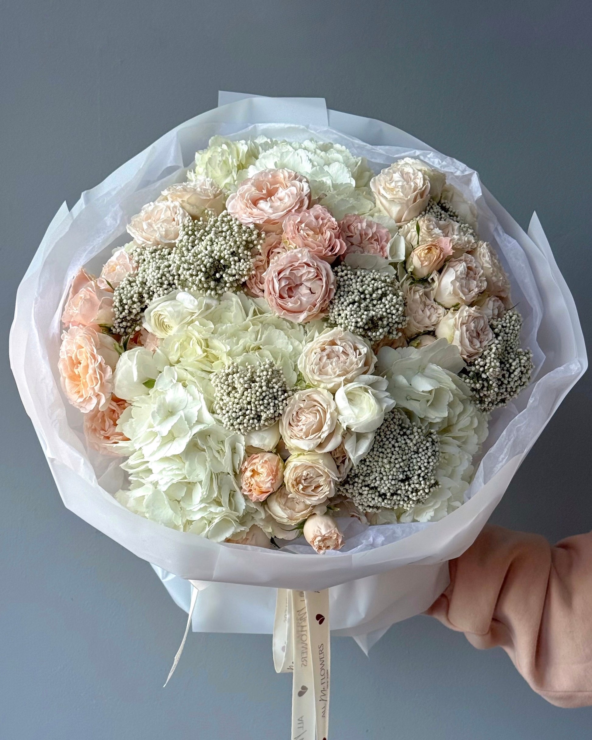 Bouquet “Ivory Petals” - garden roses, spray roses, hydrangeas, ranunculuses