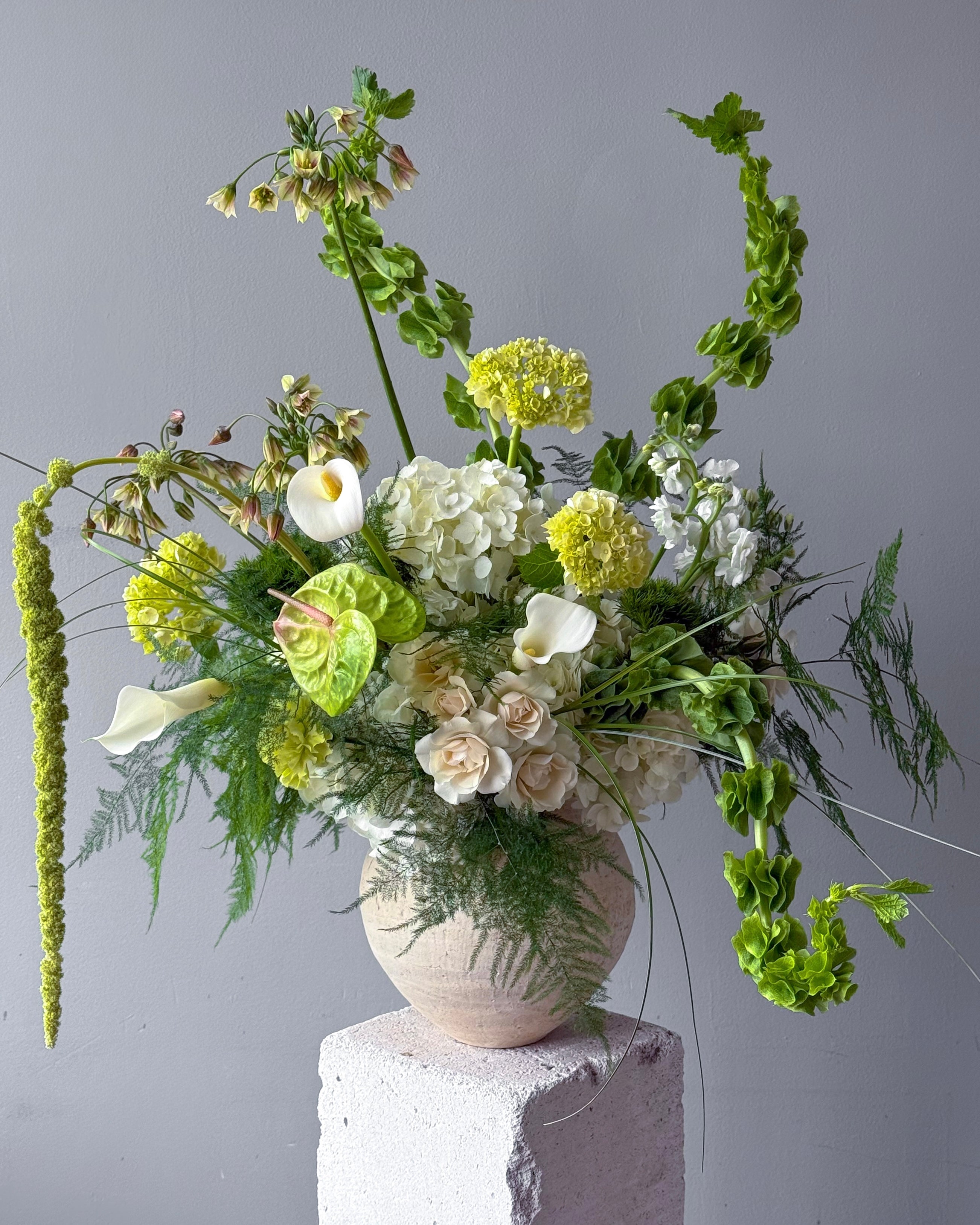 Vase Arrangement “Whisper” -  roses, ranunculus, calla lilies, seasonal flowers, vase included