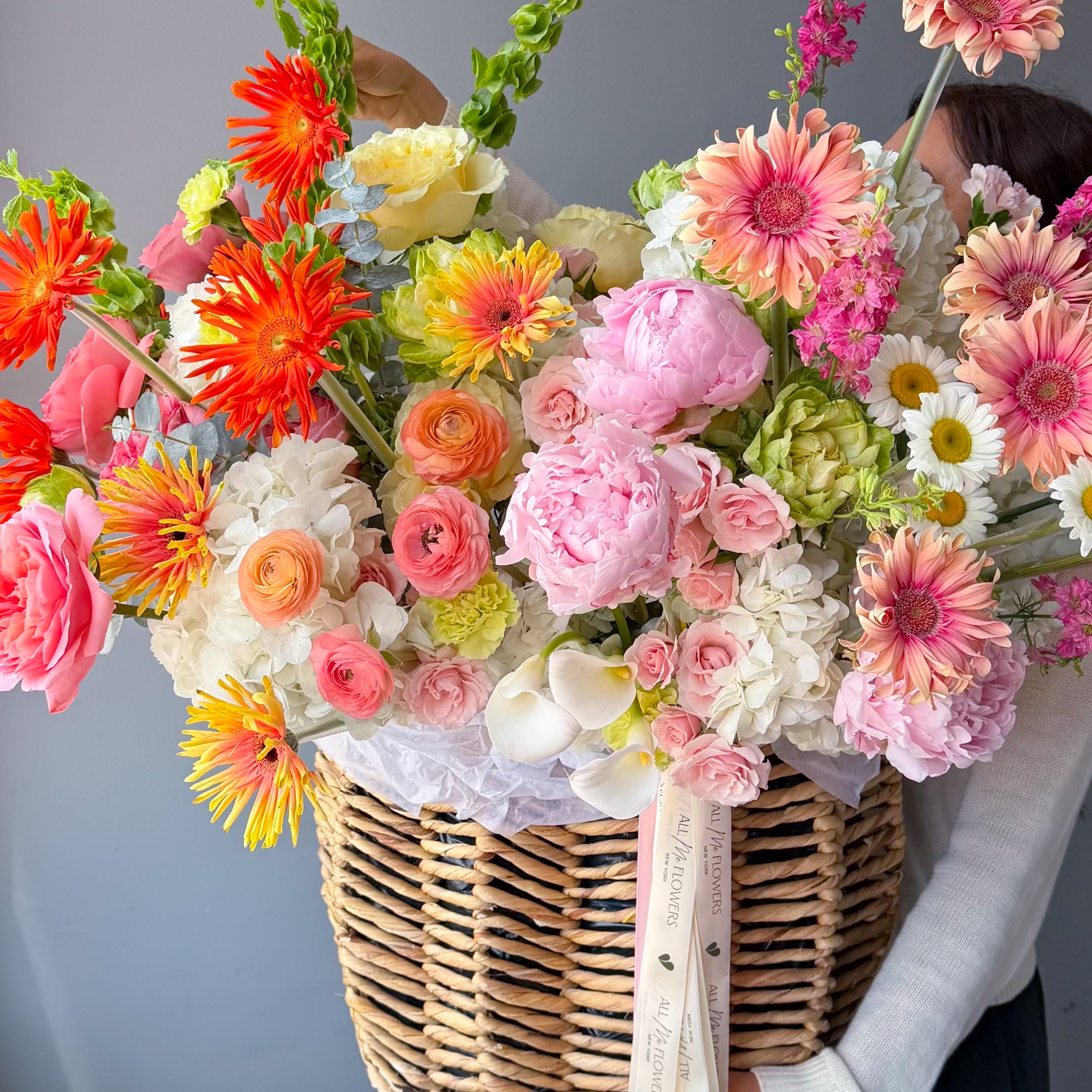 Basket “Festival” - peonies, hydrangeas, roses, seasonal flowers