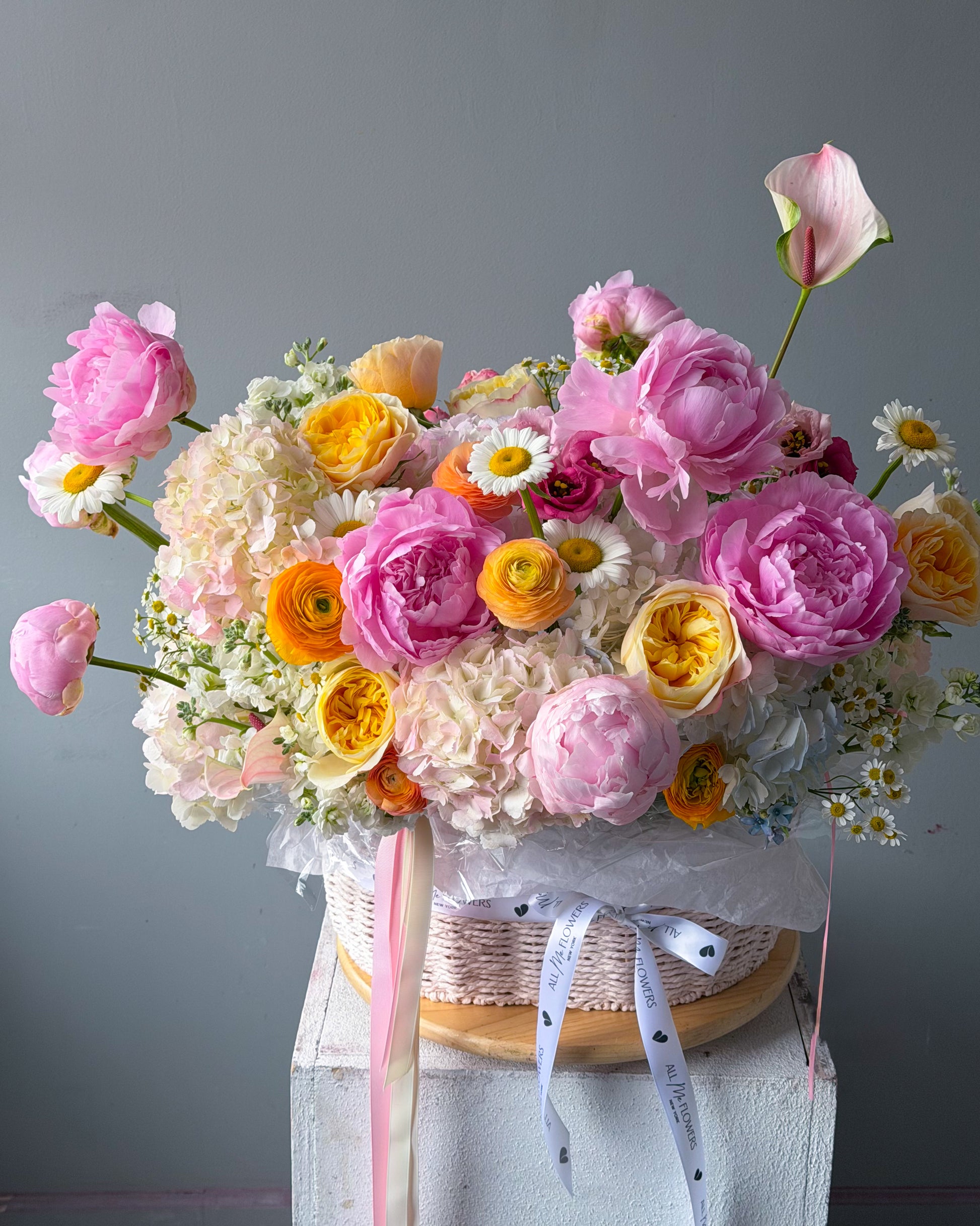 Basket “Le Jardin” - garden roses, peonies, ranunculuses, hydrangeas, seasonal flowers