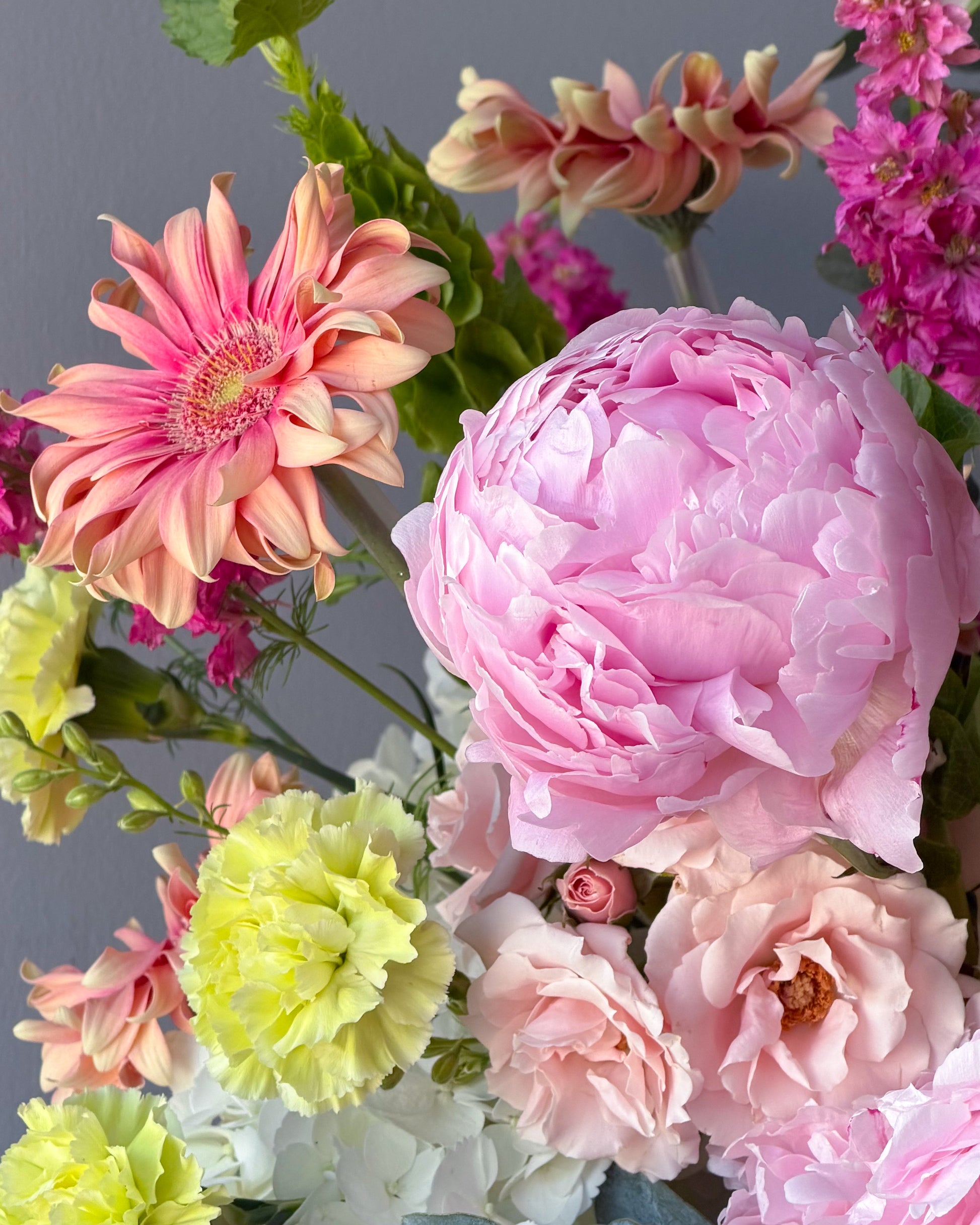 Vase Arrangement “Flourish” - peonies, garden roses, anthurium, seasonal flowers