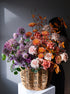 fall-basket-flowers-amber-roses-hydrangeas-alliums-orange-purple-arrangement-palette-bouquets-NYC-delivery