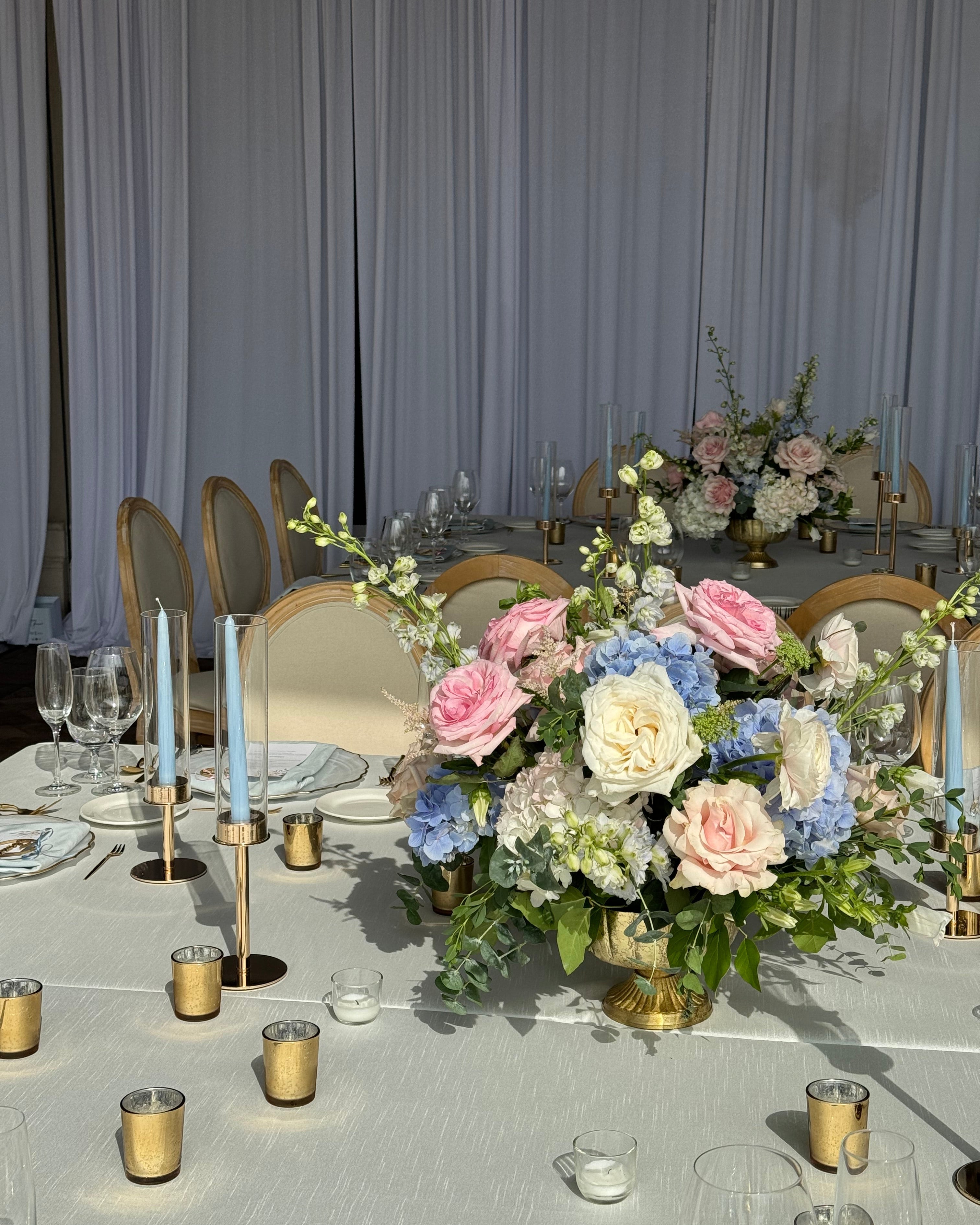 Low Centerpieces - each centerpiece suits tables for up to 6 guests