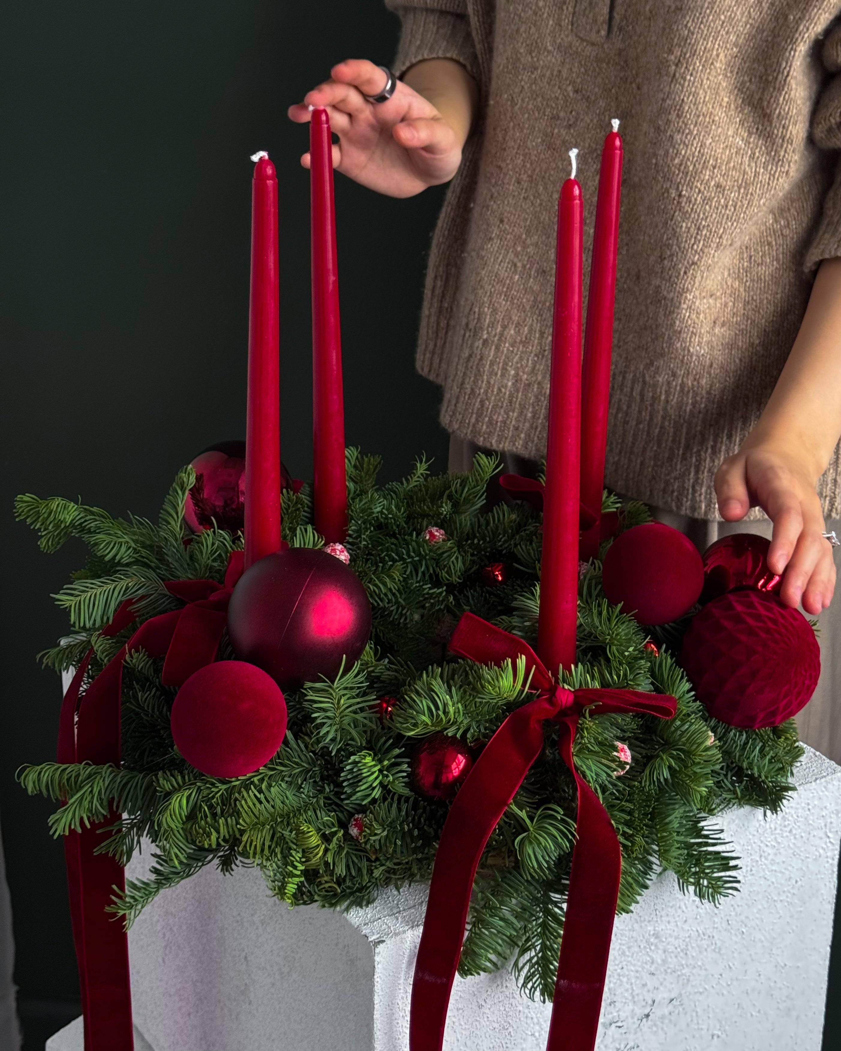 candle-arrangement-rudolph-christmas-centerpiece-noble-fir-red-ornaments-4-candles-all-me-flowers-nyc