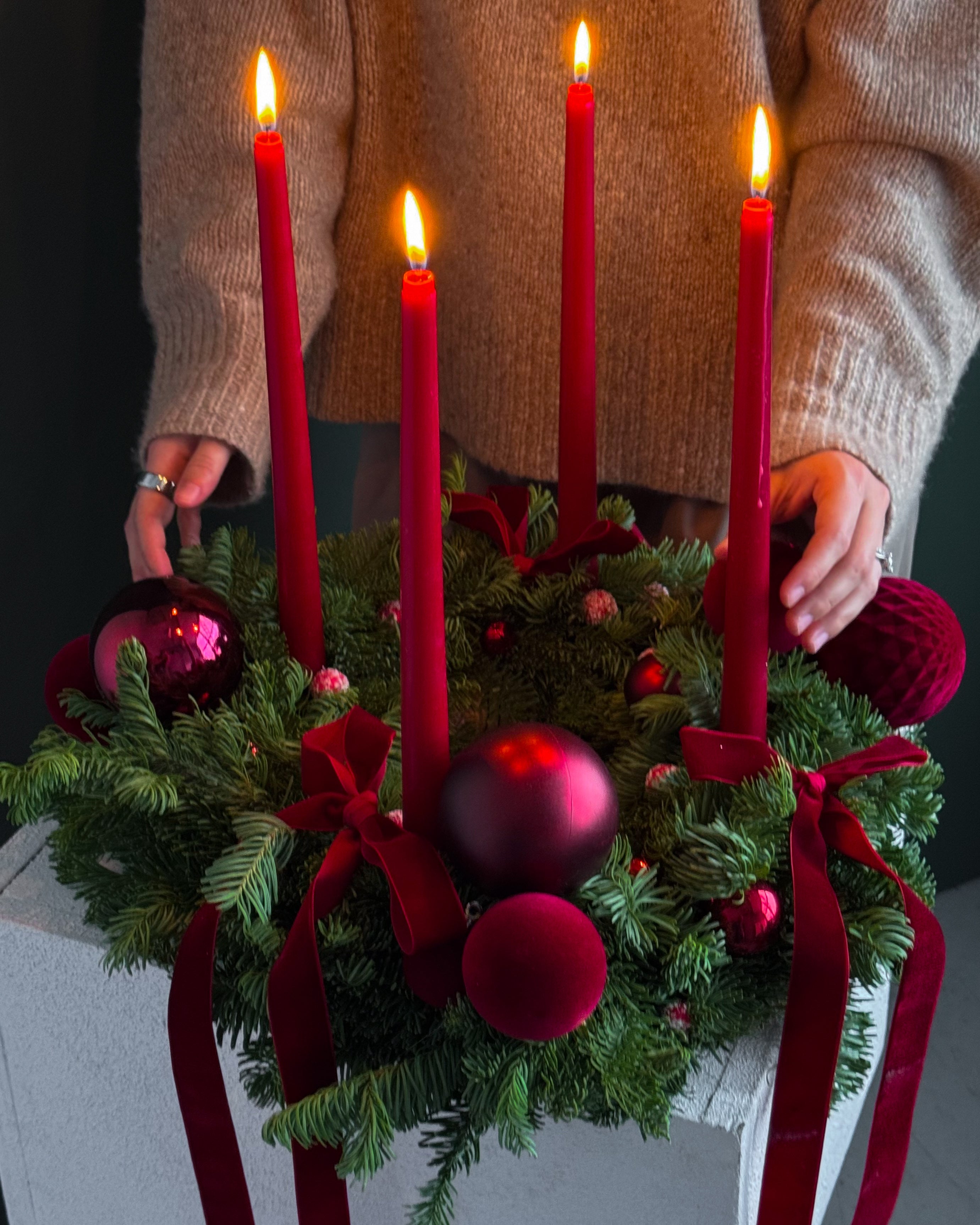 candle-arrangement-rudolph-christmas-centerpiece-noble-fir-red-ornaments-4-candles-all-me-flowers-nyc