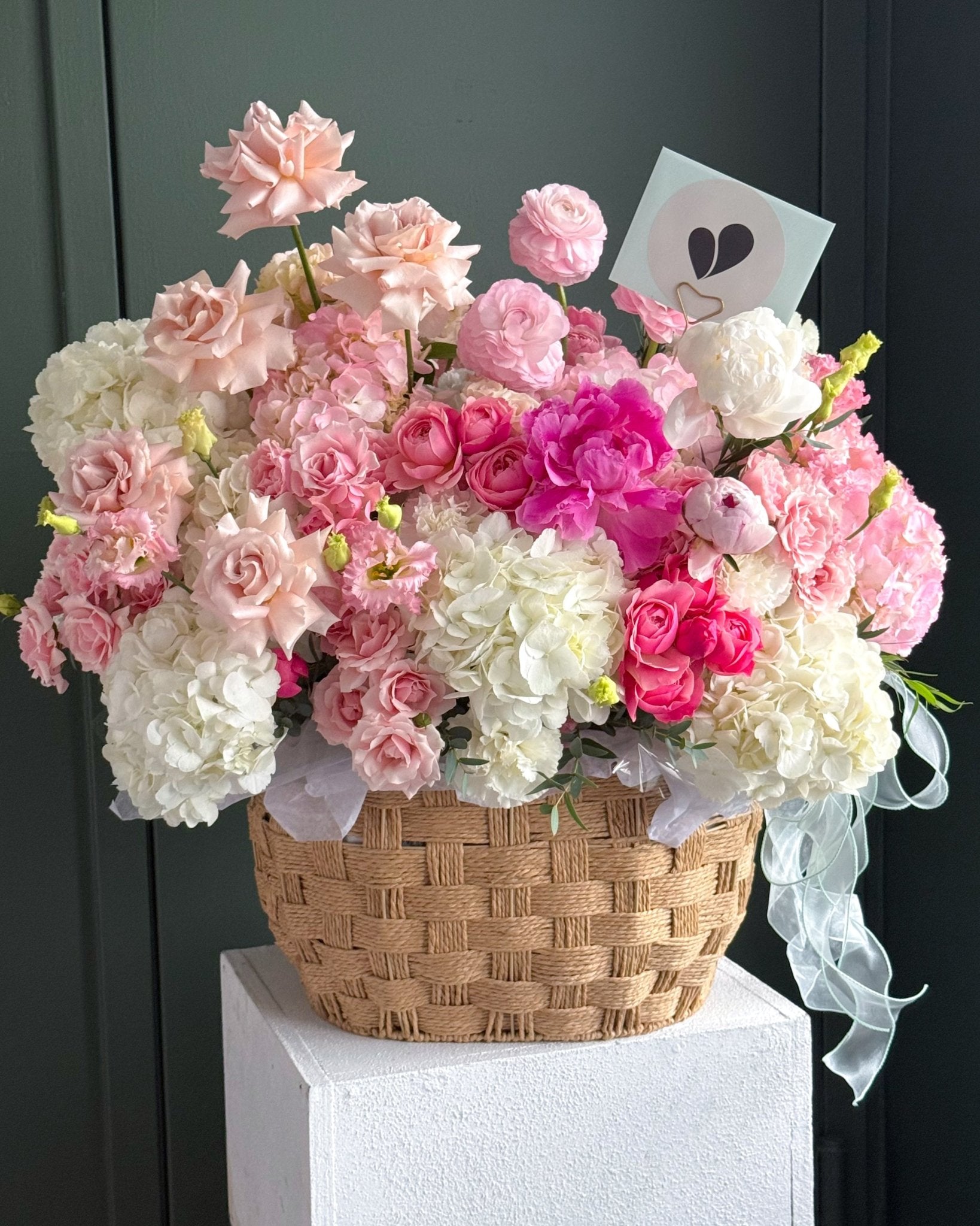 Basket “Blush” - garden roses, hydrangeas, seasonal flowers - All Me Flowers