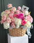 Basket “Blush” - garden roses, hydrangeas, seasonal flowers - All Me Flowers