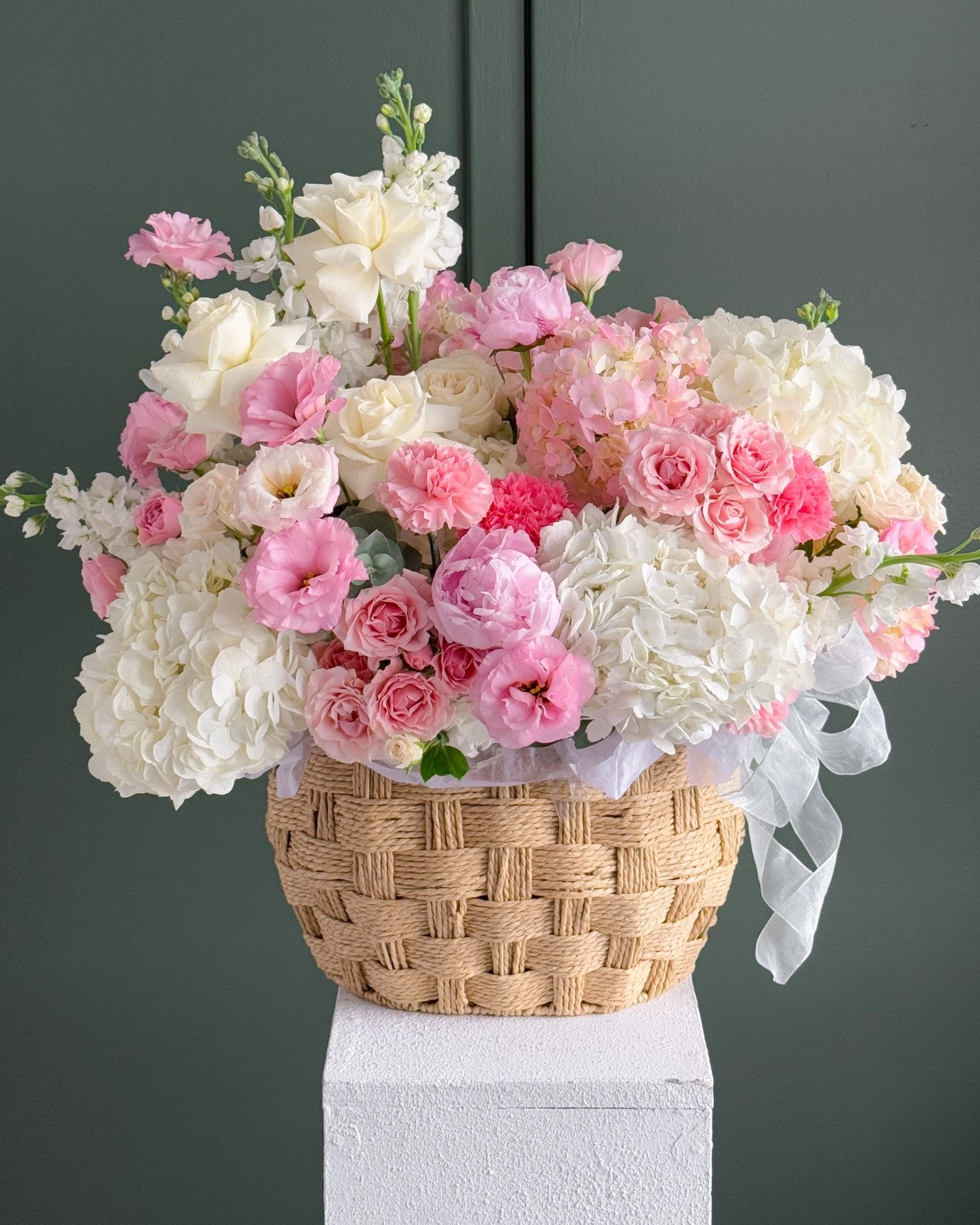 Basket “Blush” - garden roses, hydrangeas, seasonal flowers - All Me Flowers