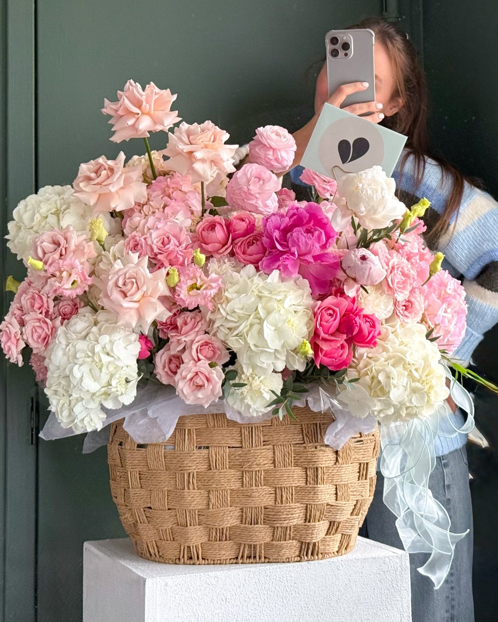 Basket “Blush” - garden roses, hydrangeas, seasonal flowers - All Me Flowers