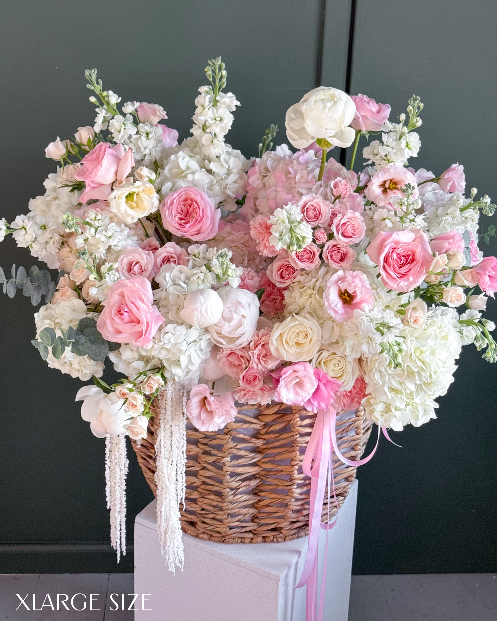 Basket “Blush” - garden roses, hydrangeas, seasonal flowers - All Me Flowers
