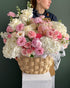 Basket “Blush” - garden roses, hydrangeas, seasonal flowers - All Me Flowers