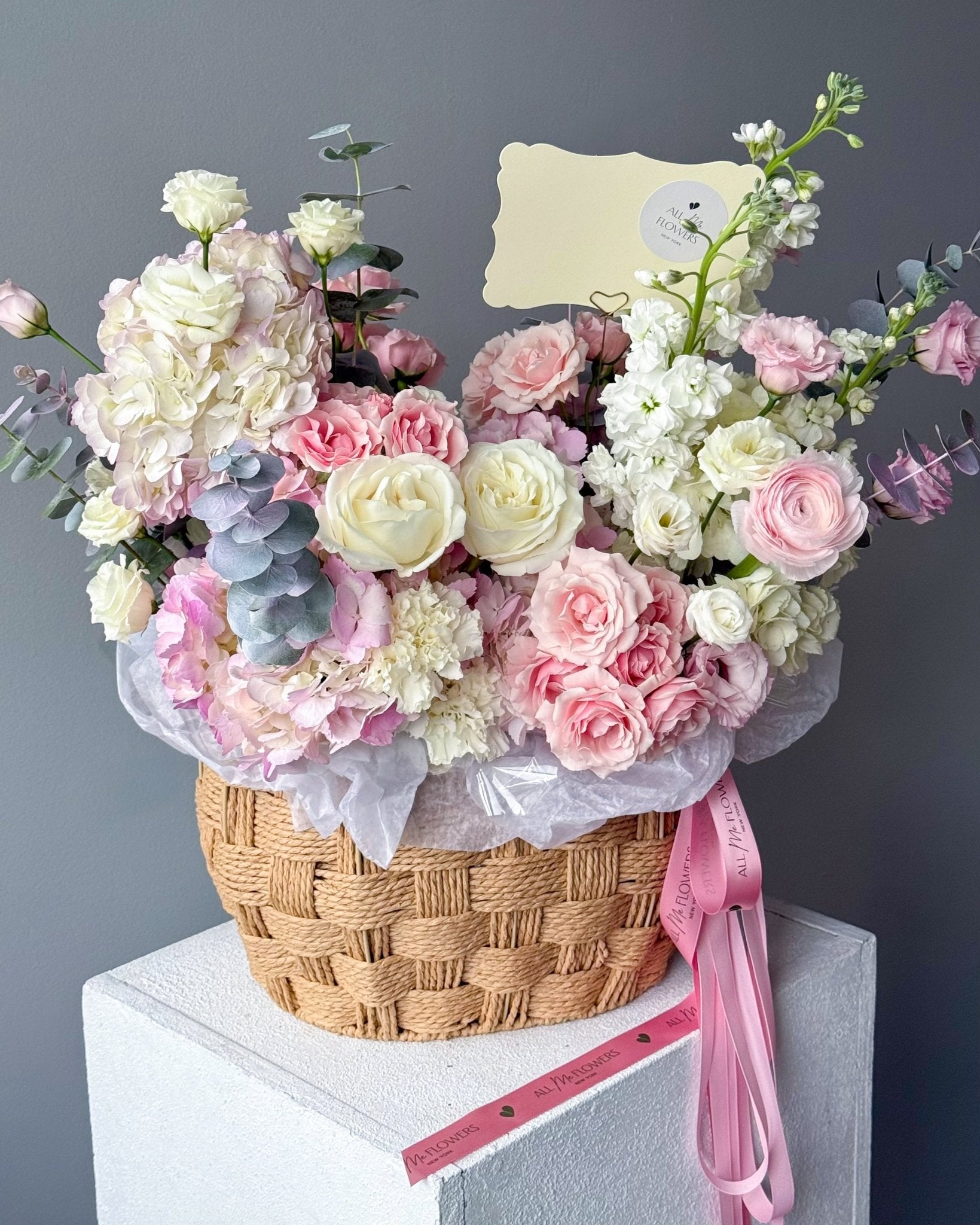 Basket “Blush” - garden roses, hydrangeas, seasonal flowers - All Me Flowers