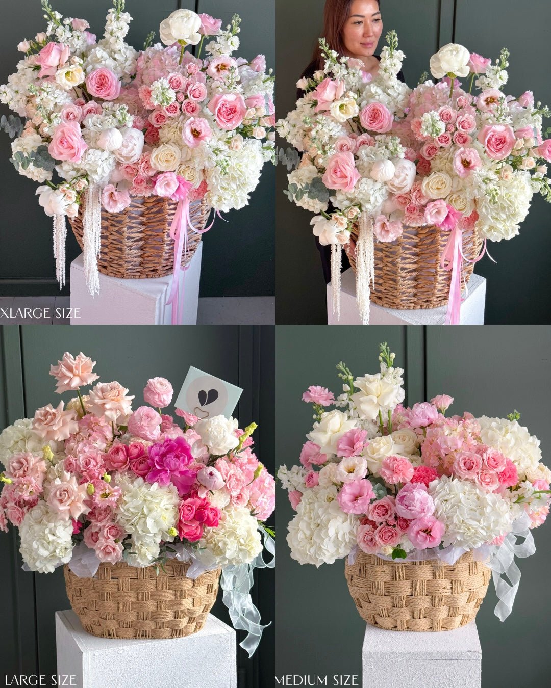 Basket “Blush” - garden roses, hydrangeas, seasonal flowers - All Me Flowers