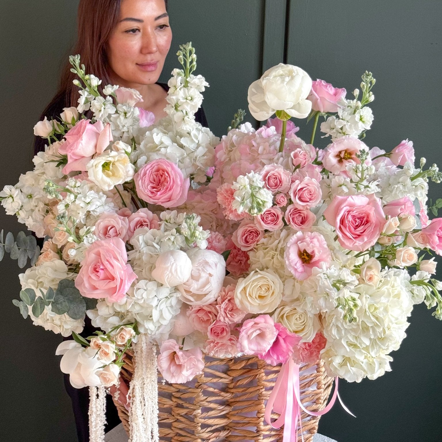 Basket “Blush” - garden roses, hydrangeas, seasonal flowers - All Me Flowers