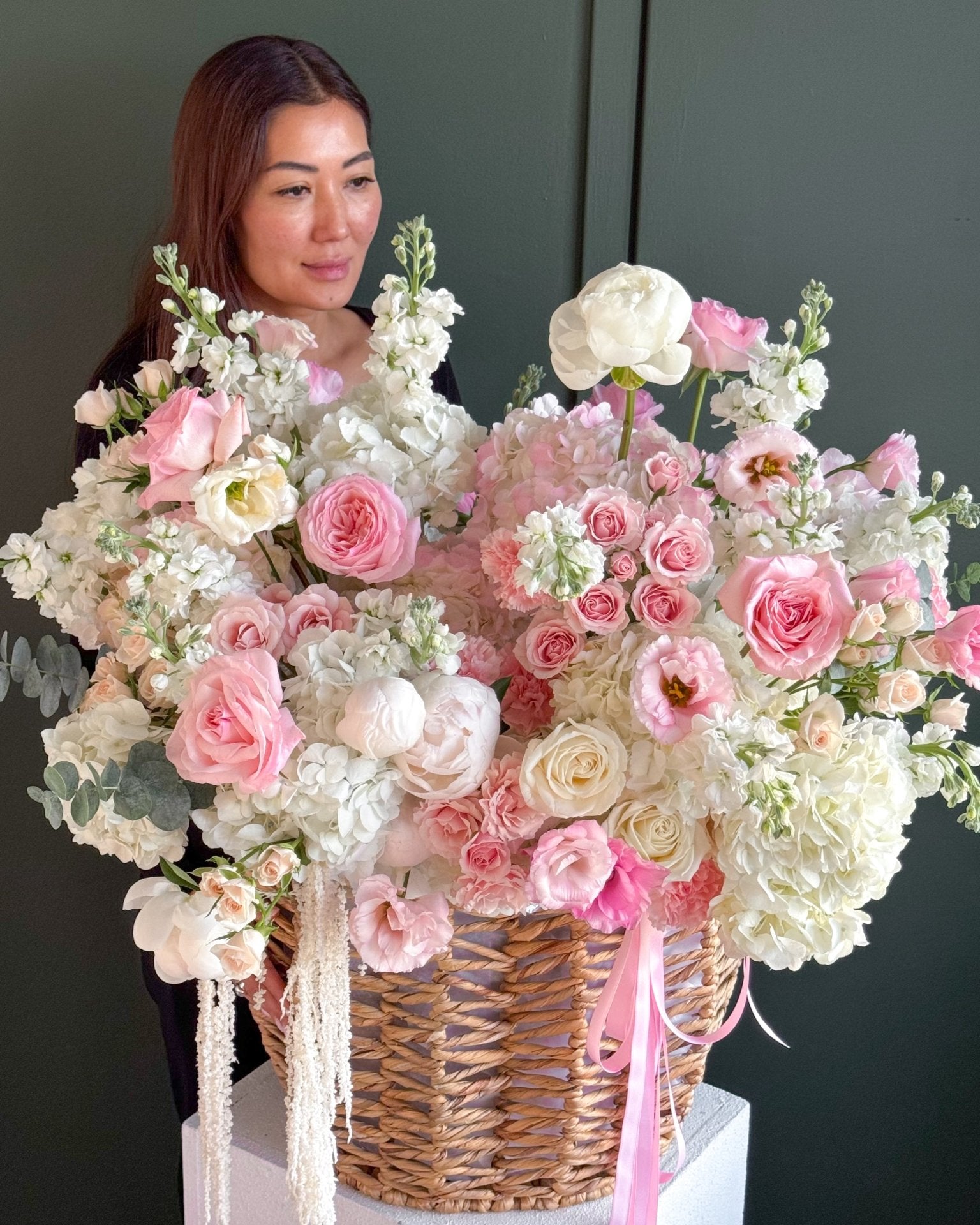 Basket “Blush” - garden roses, hydrangeas, seasonal flowers - All Me Flowers