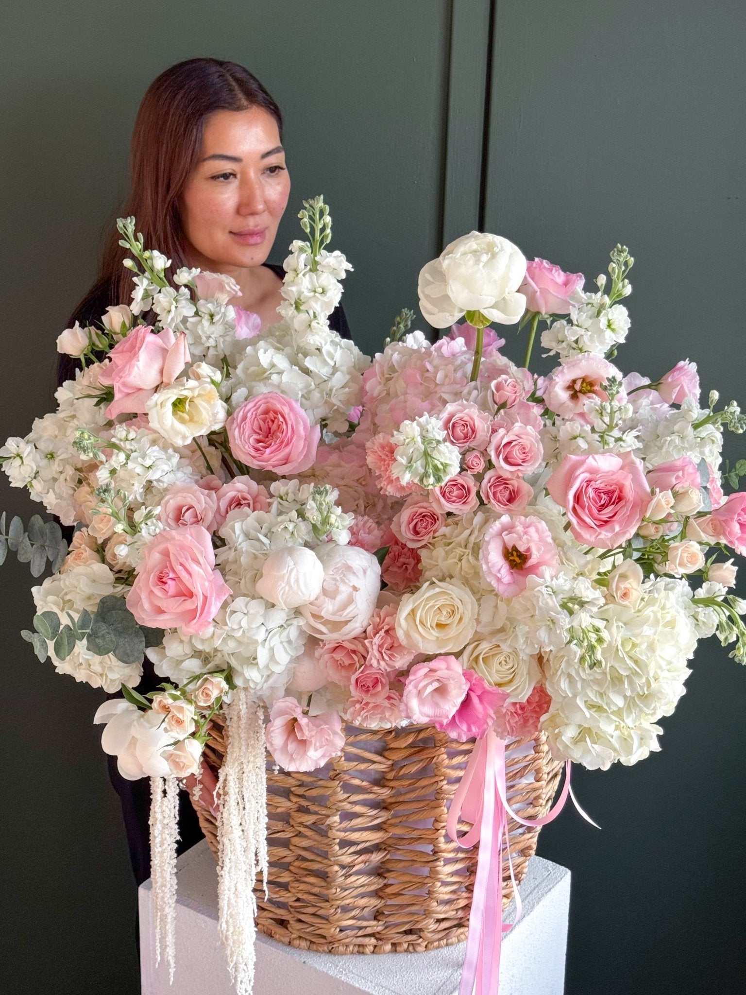 Basket “Blush” - garden roses, hydrangeas, seasonal flowers - All Me Flowers