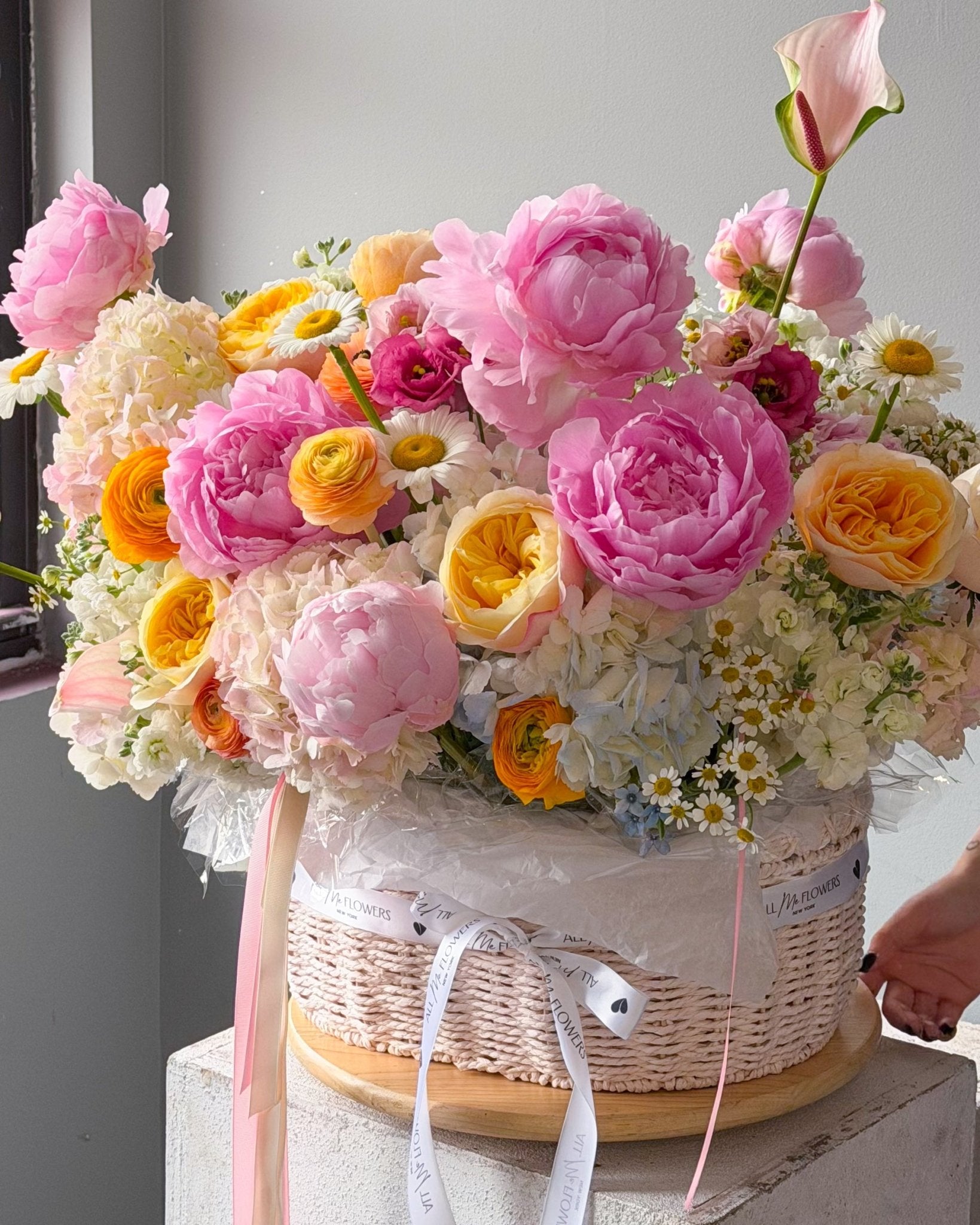 Basket “Le Jardin” - garden roses, peonies, ranunculuses, hydrangeas, seasonal flowers - All Me Flowers