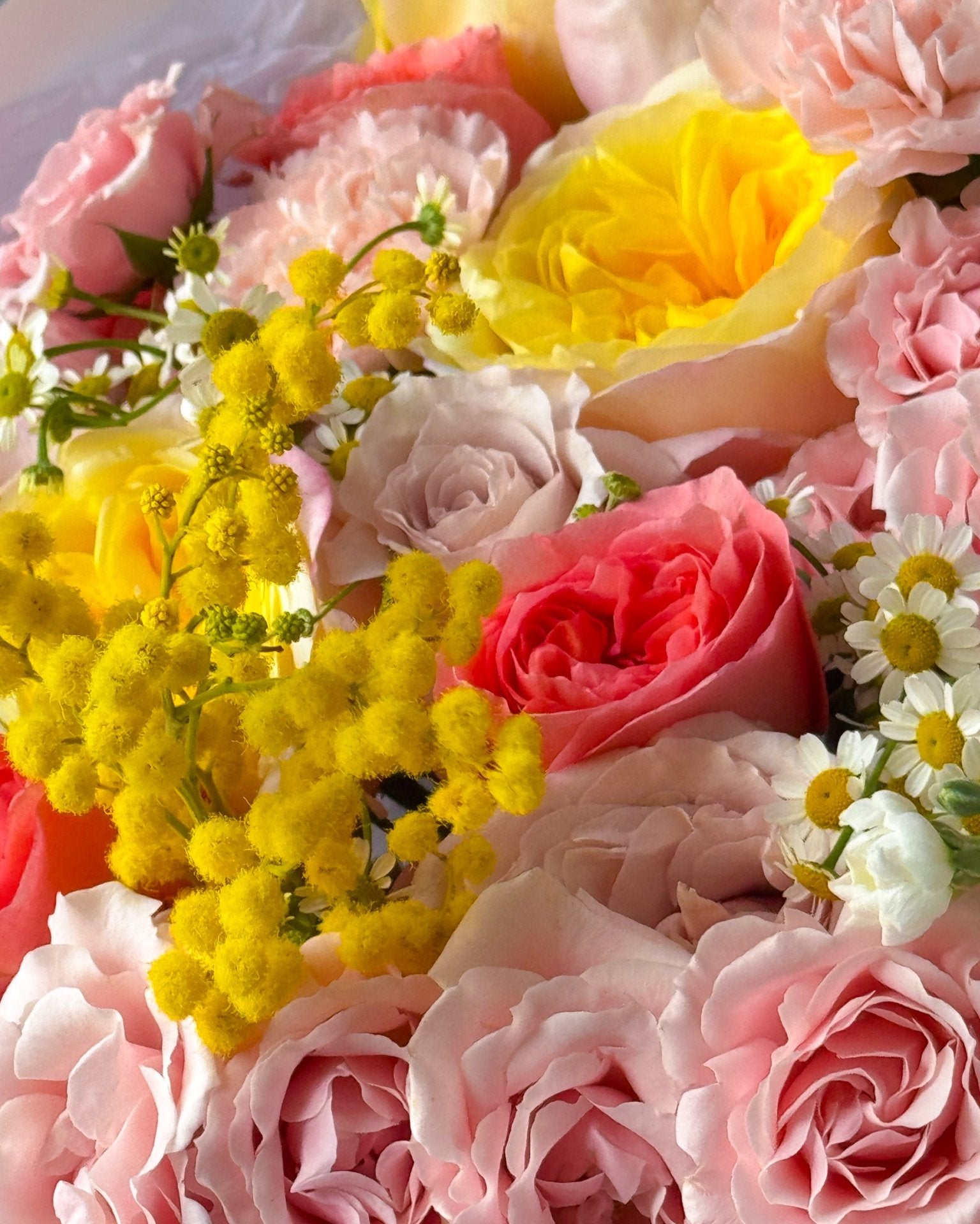 Bouquet “Best of Spring” - garden roses, chamomile, mimosa, seasonal flowers - All Me Flowers