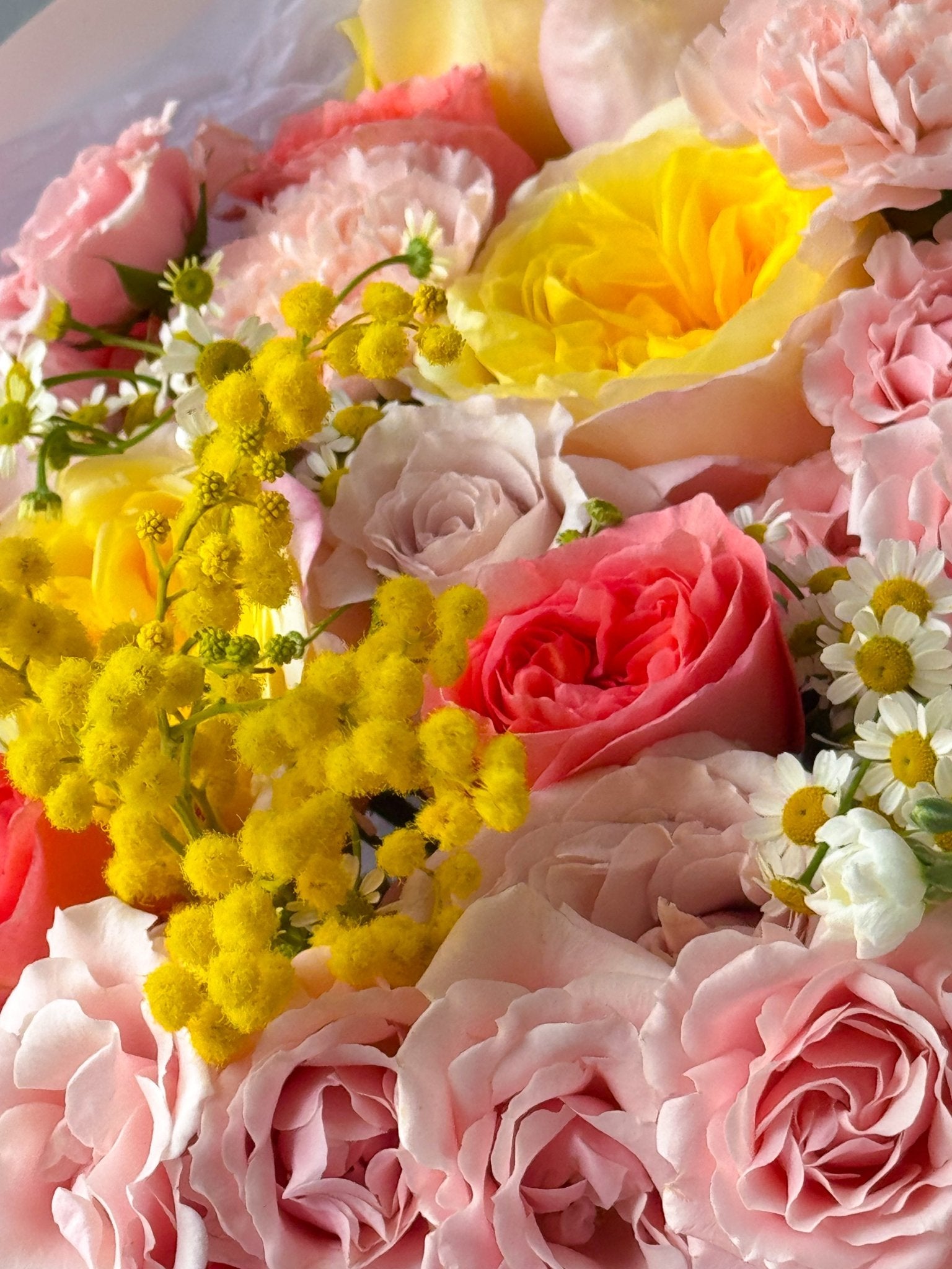 Bouquet “Best of Spring” - garden roses, chamomile, mimosa, seasonal flowers - All Me Flowers