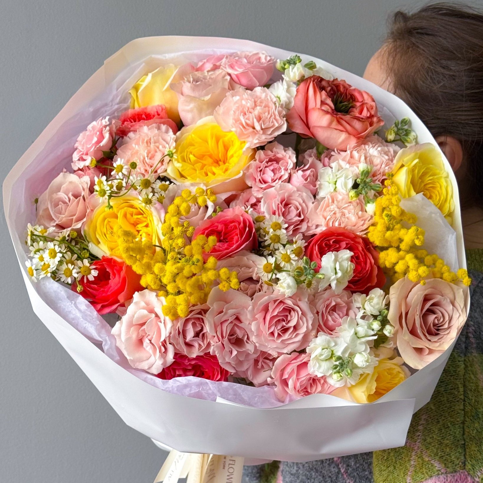 Bouquet “Best of Spring” - garden roses, chamomile, mimosa, seasonal flowers - All Me Flowers