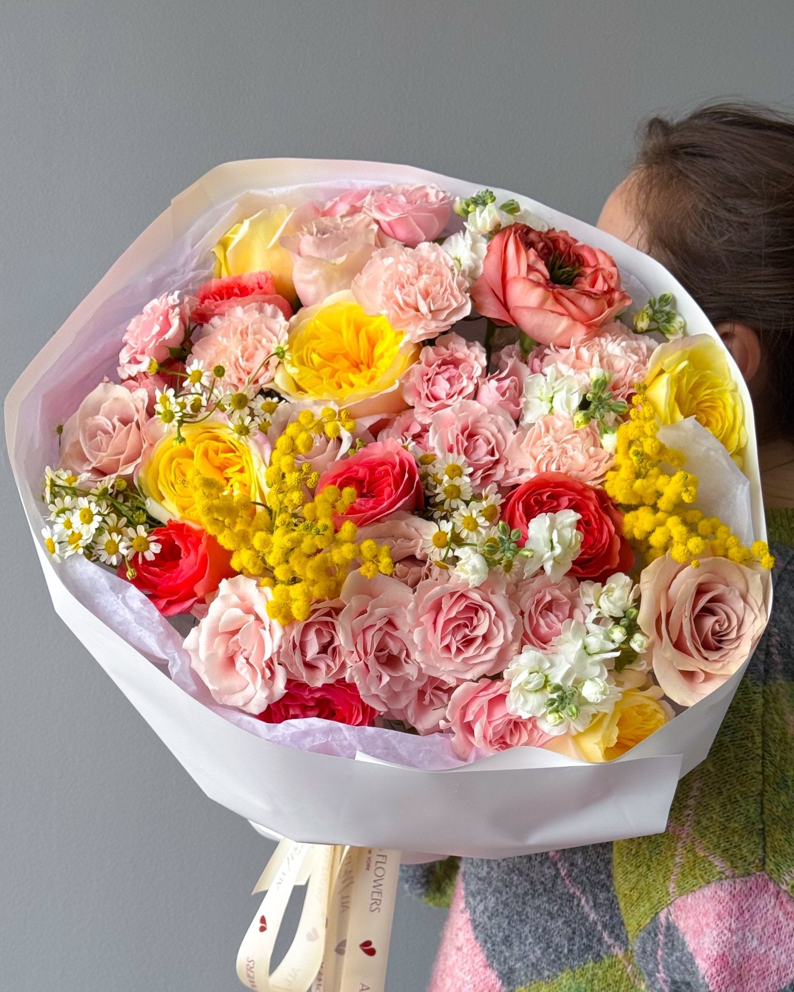 Bouquet “Best of Spring” - garden roses, chamomile, mimosa, seasonal flowers - All Me Flowers