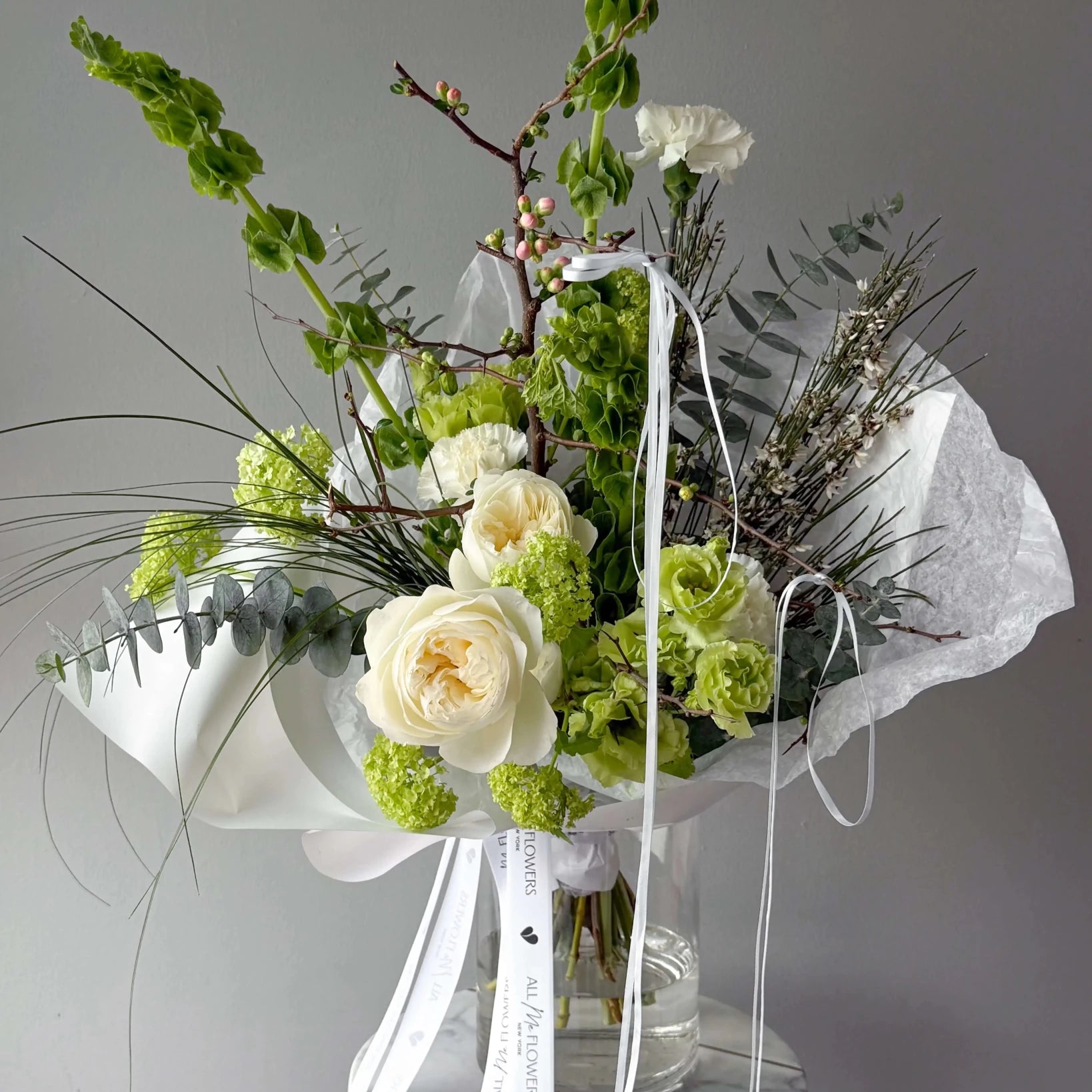 Bouquet “Emerald Whisper” - garden roses, seasonal greens - All Me Flowers