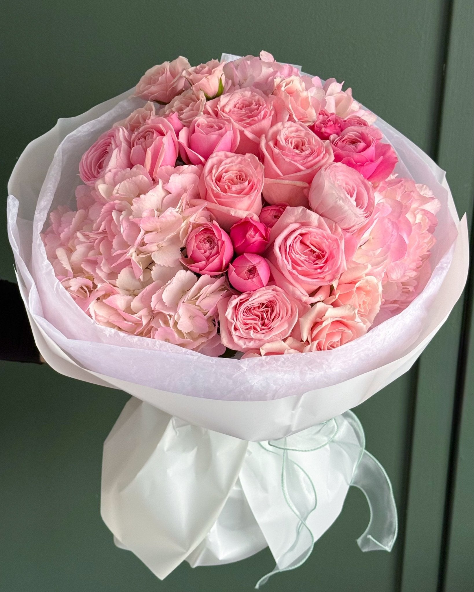 Bouquet “Pink Serenade” - garden roses, spray roses, hydrangeas, ranunculuses - All Me Flowers