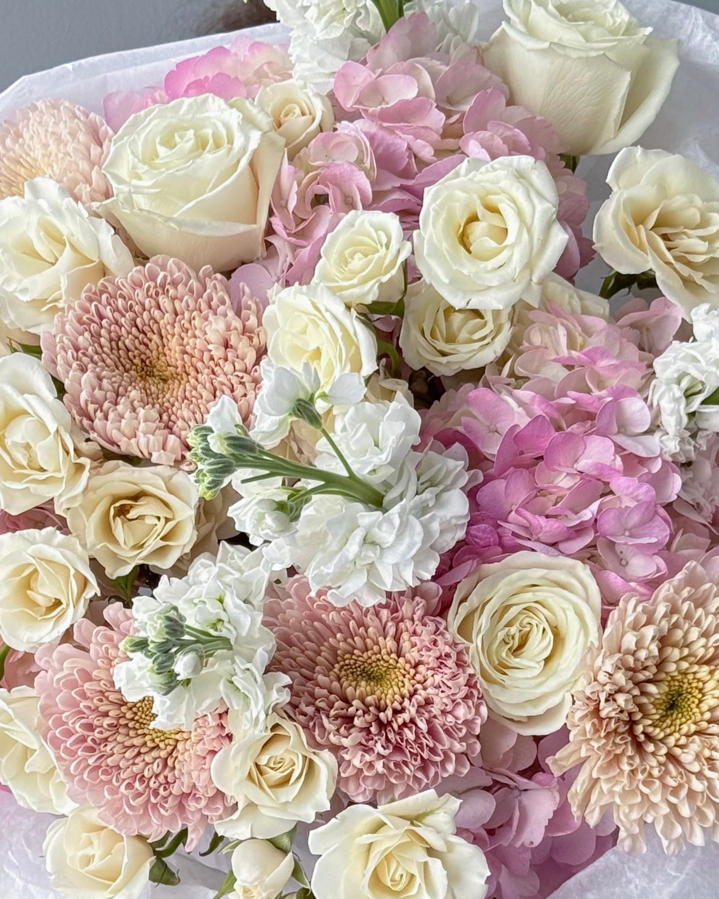 Bouquet “Powder Cloud” - garden roses, spray roses, mums, hydrangeas - All Me Flowers