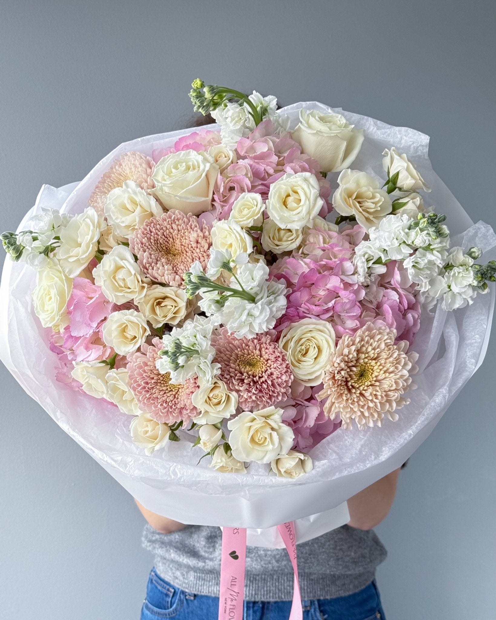Bouquet “Powder Cloud” - garden roses, spray roses, mums, hydrangeas - All Me Flowers