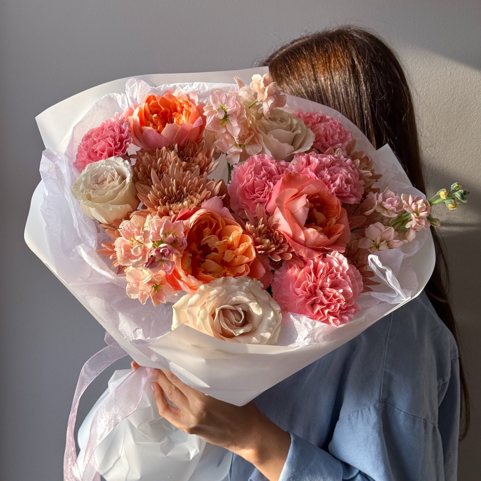 Bouquet “Sunset Glow” - garden roses, carnations – All Me Flowers