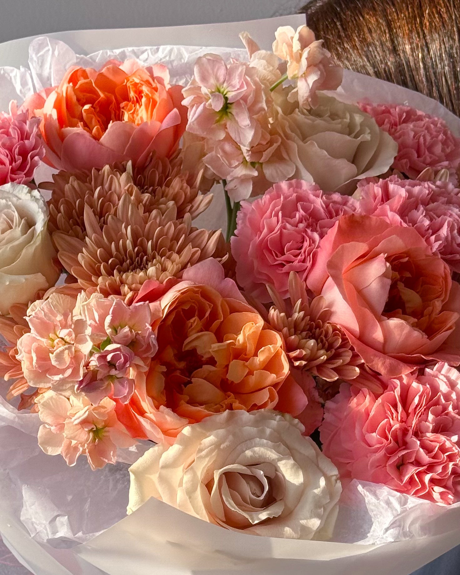 Bouquet “Sunset Glow” - garden roses, carnations - All Me Flowers