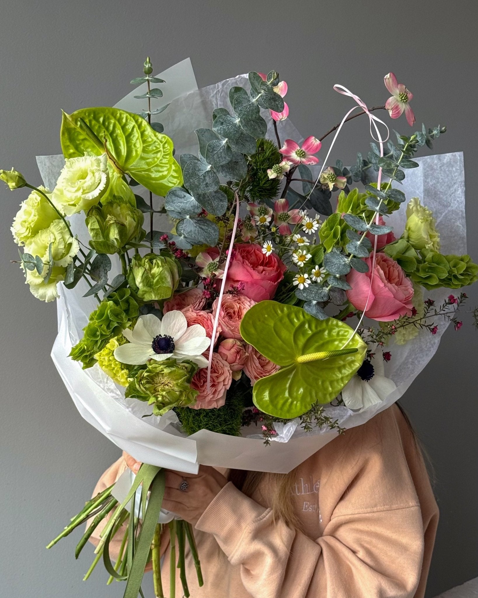 Bouquet “Verdant Blush” - anthuriums, garden roses, seasonal flowers - All Me Flowers