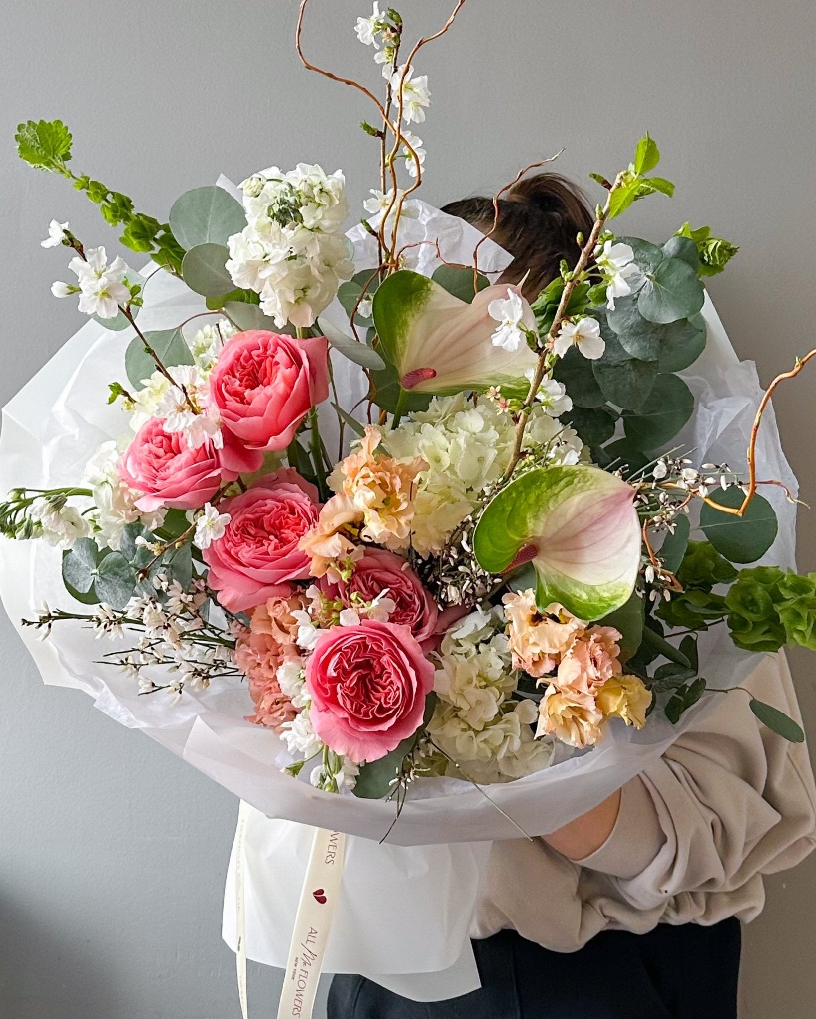 Bouquet “Verdant Blush” - anthuriums, garden roses, seasonal flowers - All Me Flowers