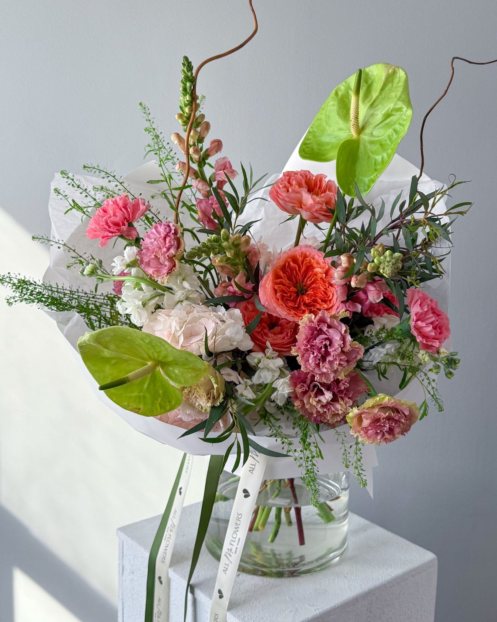 Bouquet “Verdant Blush” - anthuriums, garden roses, seasonal flowers - All Me Flowers