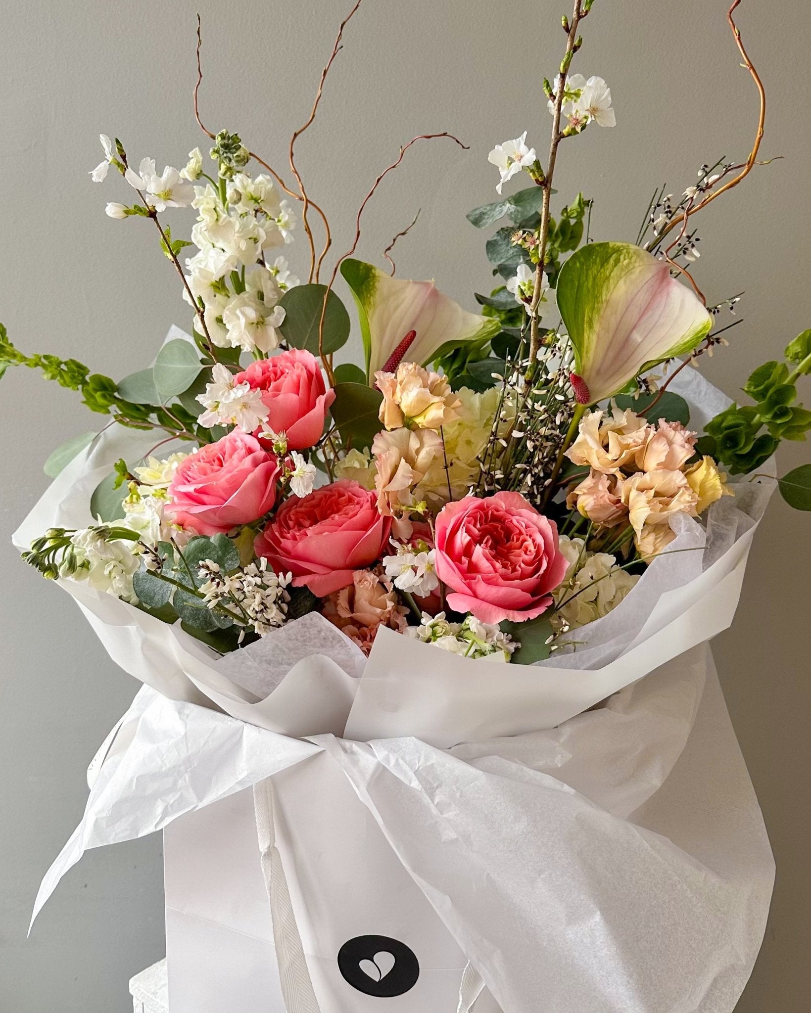 Bouquet “Verdant Blush” - anthuriums, garden roses, seasonal flowers - All Me Flowers