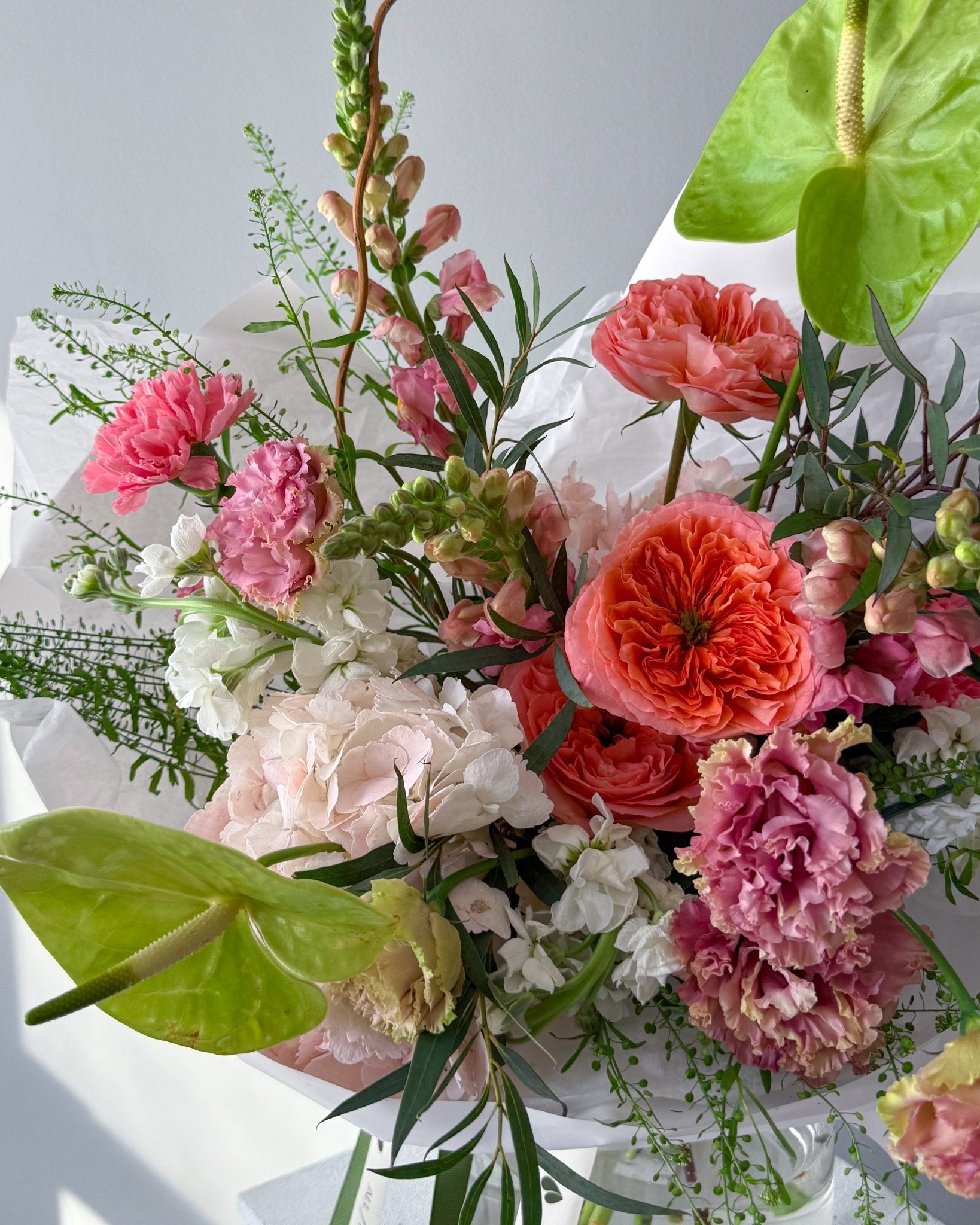Bouquet “Verdant Blush” - anthuriums, garden roses, seasonal flowers - All Me Flowers