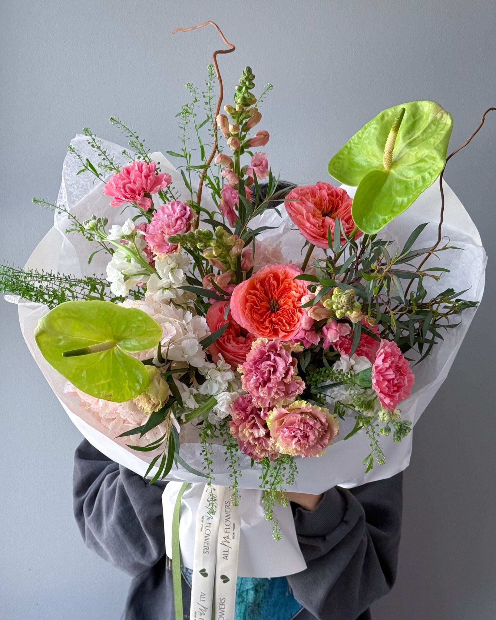 Bouquet “Verdant Blush” - anthuriums, garden roses, seasonal flowers - All Me Flowers