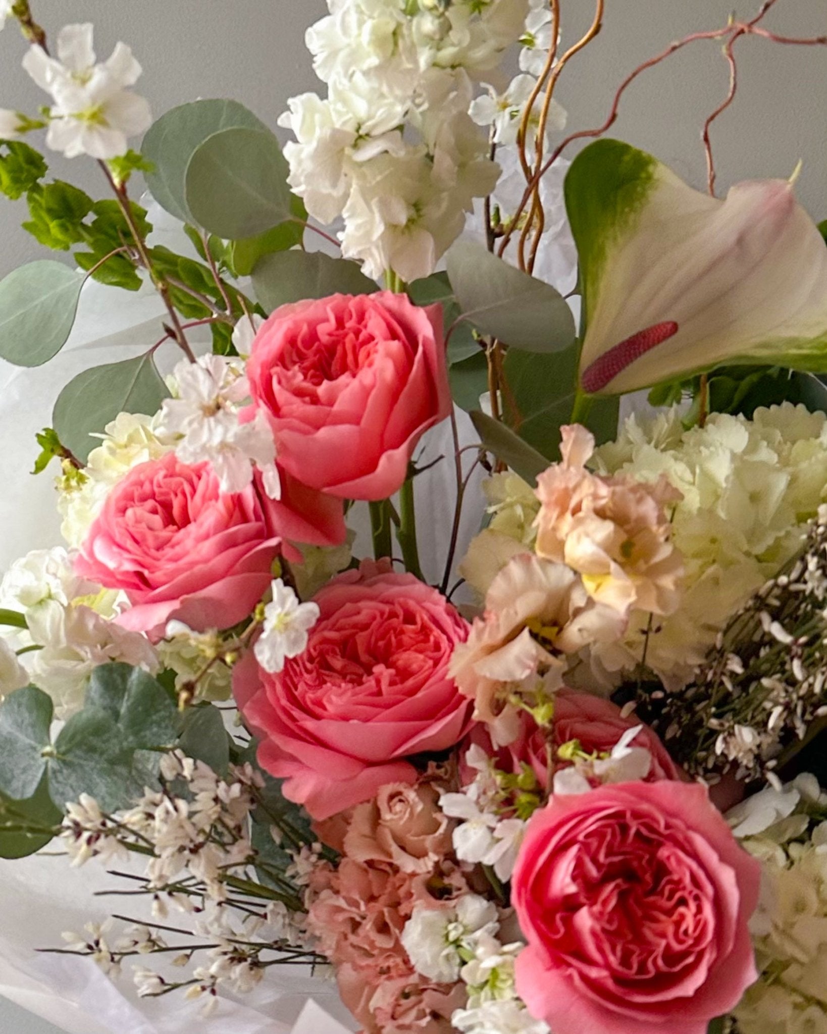 Bouquet “Verdant Blush” - anthuriums, garden roses, seasonal flowers - All Me Flowers